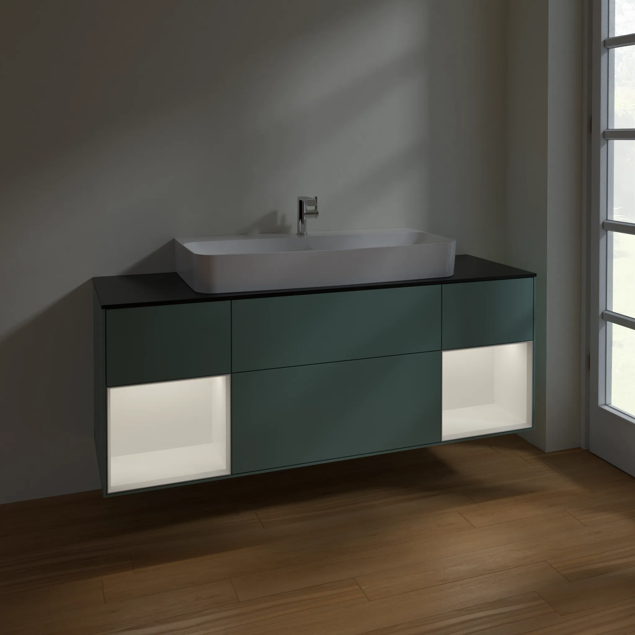 Villeroy & Boch Waschtischunterschrank „Finion“ für Schrankwaschtisch 1600 × 603 × 501 mm Olive Matt Lacquer, für Becken mittig Villeroy & Boch Waschtischunterschrank „Finion“ für Schrankwaschtisch 1600 × 603 × 501 mm Olive Matt Lacquer, für Becken mittig