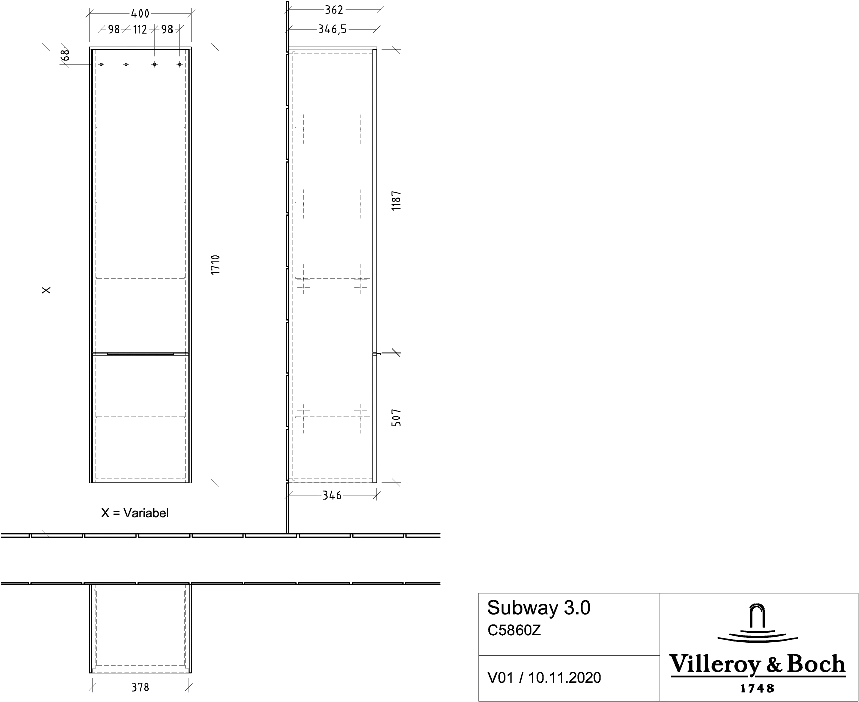 Villeroy & Boch Hochschrank Subway 3.0 C58600, 400x1710x362mm, 2 Türen, A:li White Oak