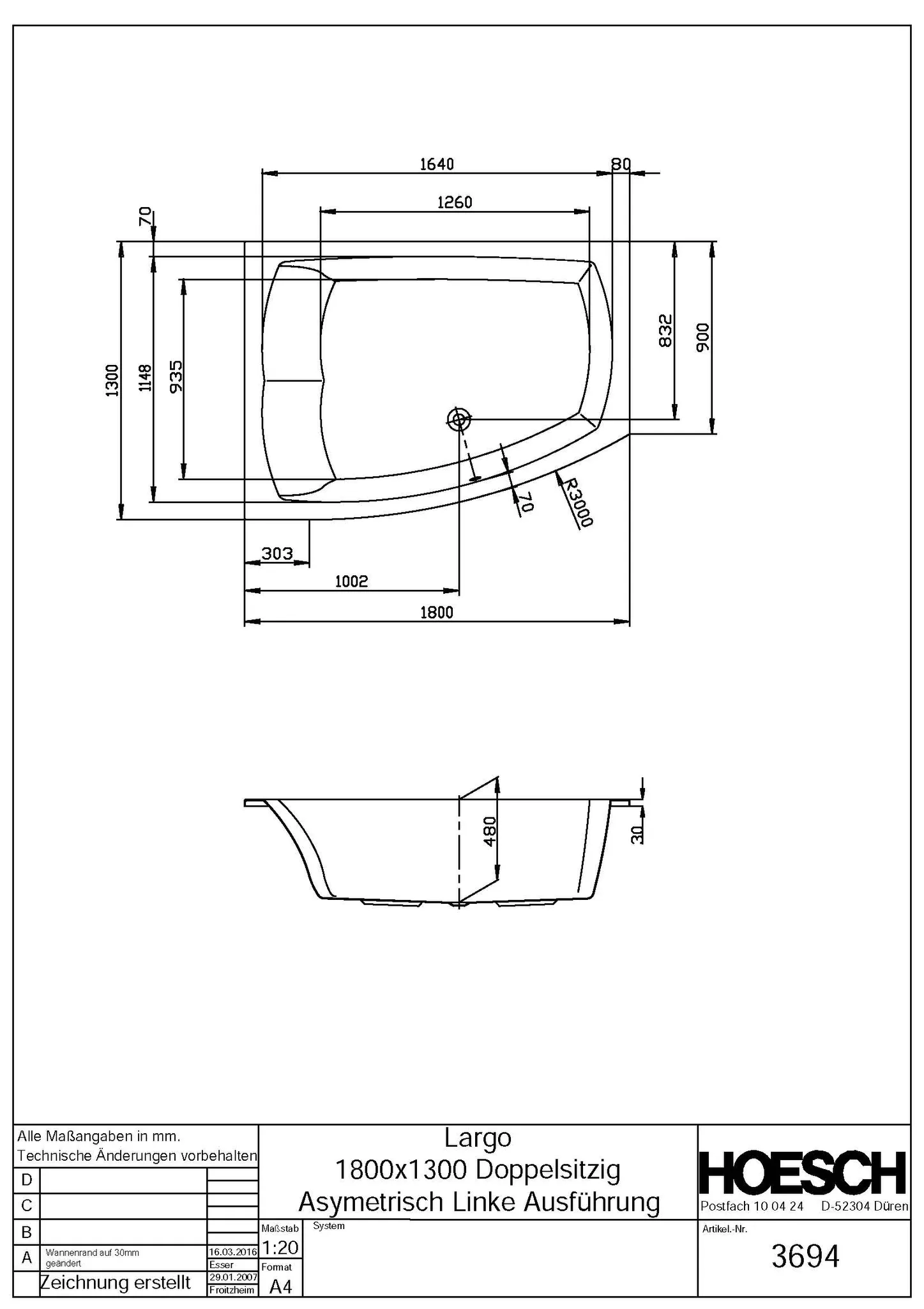 Hoesch Largo asymmetrisch 1800x1300 links, Weiß Hoesch Largo asymmetrisch 1800x1300 links, Weiß