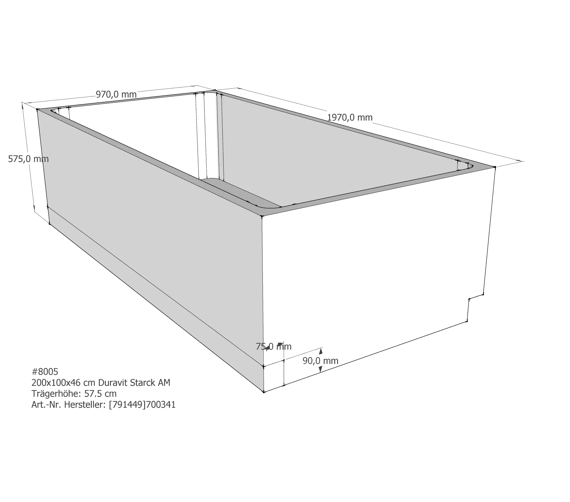 Badewannenträger passend für Duravit Starck 200 × 100 × 46 cm