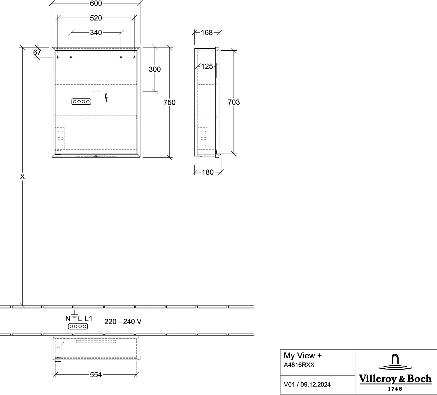 Villeroy & Boch Aufputz-Spiegelschrank My View+ A4816R 600x750x168mm mit Beleuchtung Villeroy & Boch Aufputz-Spiegelschrank My View+ A4816R 600x750x168mm mit Beleuchtung