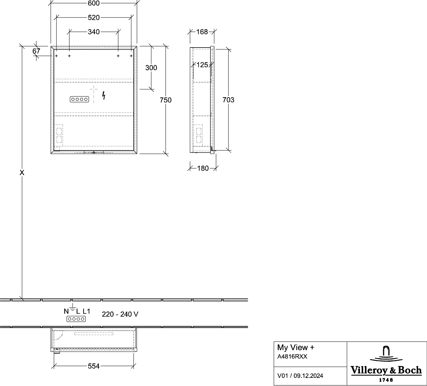 Villeroy & Boch Aufputz-Spiegelschrank My View+ A4816R, 600x750x168mm, Stone Oak Villeroy & Boch Aufputz-Spiegelschrank My View+ A4816R, 600x750x168mm, Stone Oak