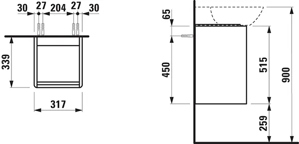 Waschtischunterbau BASE für INO 339x317x515 1 Tür Scharnier rechts mit Griff aluminium schwarz für Waschtisch H810302 weiß matt