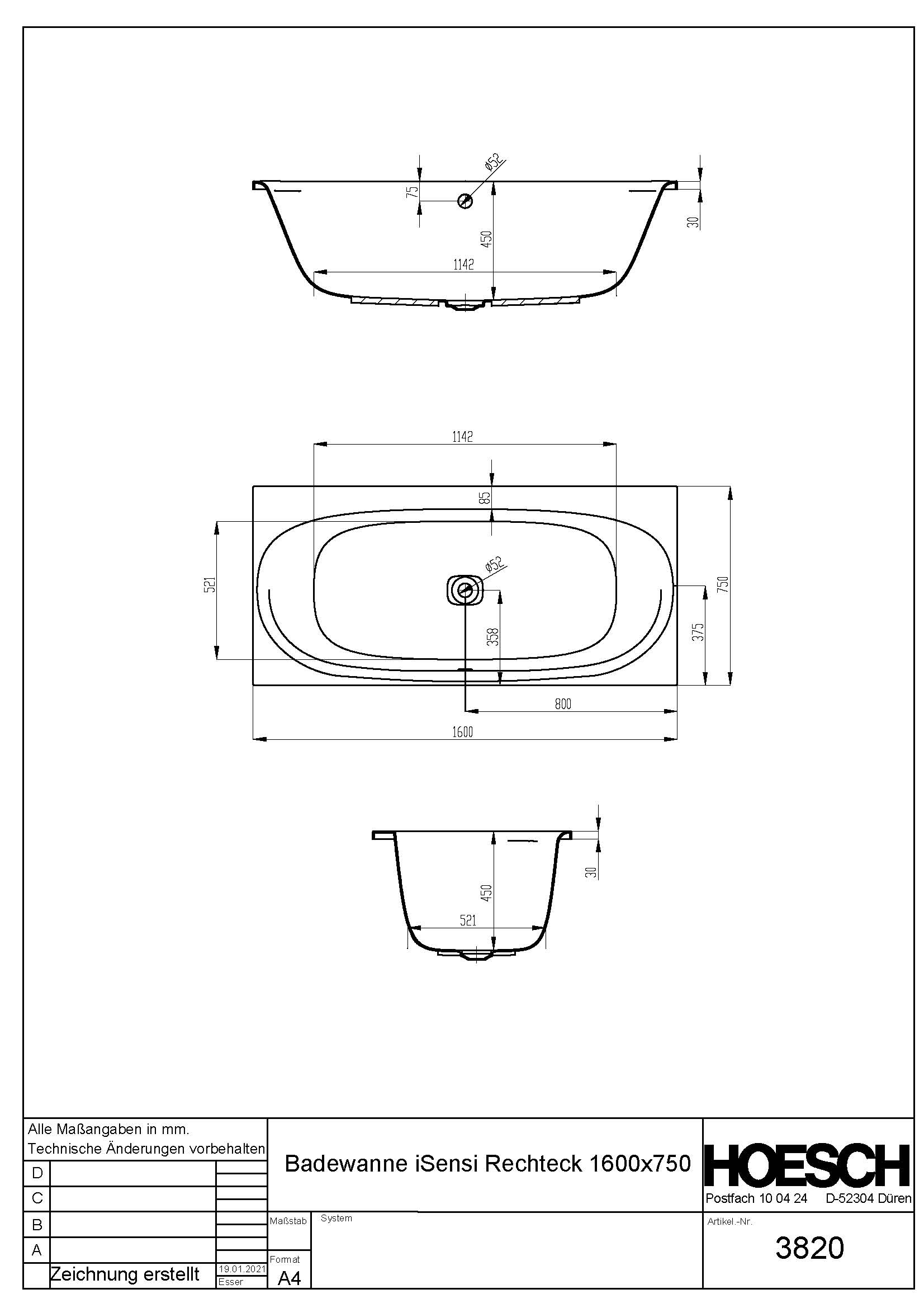 Hoesch Badewanne „iSensi“ rechteck 160 × 75 cm in 