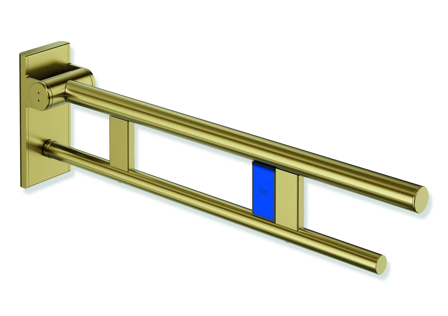 HEWI Stützklappgriff Duo, System 900, Design A, PVD gold gebürstet, Ausladung 700 mm, Funk-Spülauslösung, links