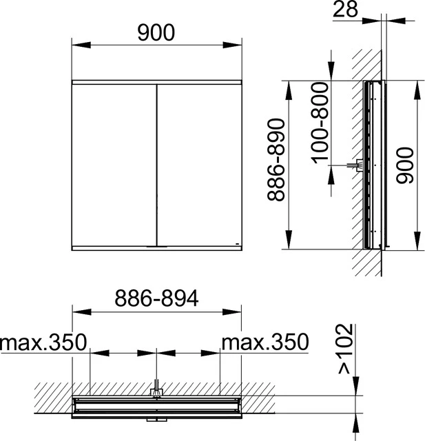 Royal Modular 2.0 800210091000000 Spiegelschrank beleuchtet Wandeinbau, ohne Steckdose 900 x 900 x 120 mm silber-eloxiert