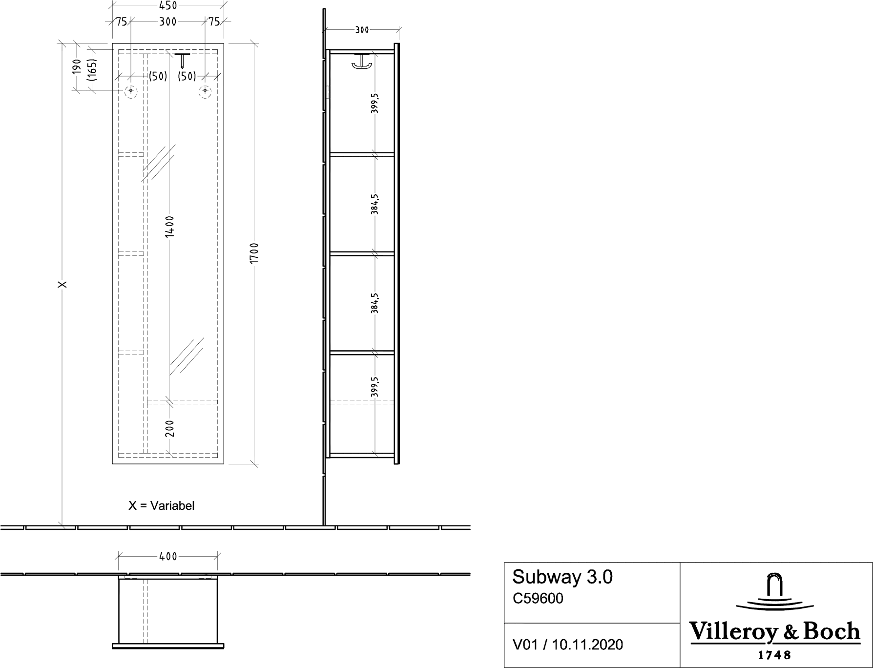 Villeroy & Boch Spiegelregal „Subway 3.0“ 45 × 170 cm