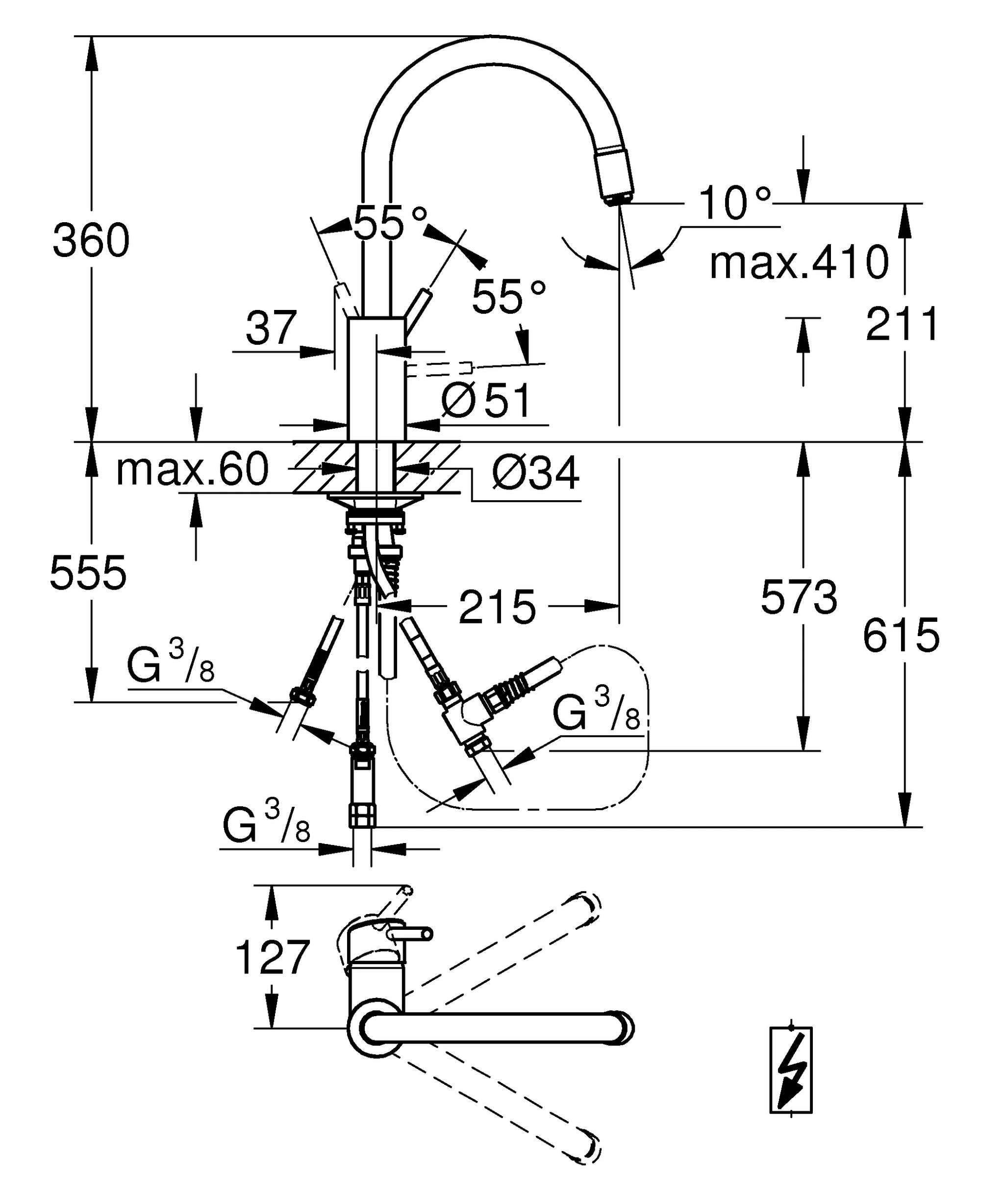 Grohe Einhand-Spültischbatterie Concetto, Niederdruck für offene Warmwasserbereiter, hoher Auslauf, Einlochmontage, in chrom