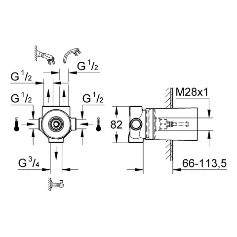 Grohe UP-Ventile Unterbau 5-Wege-Umstellung 29033, Unterputz-Einbaukörper, Anschluss kalt und warm ½, 2 Abgänge ½, 1 Wannenabgang ¾, Einbautiefe stufenlos einstellbar 66 - 113 mm Grohe UP-Ventile Unterbau 5-Wege-Umstellung 29033, Unterputz-Einbaukörper, Anschluss kalt und warm ½, 2 Abgänge ½, 1 Wannenabgang ¾, Einbautiefe stufenlos einstellbar 66 - 113 mm