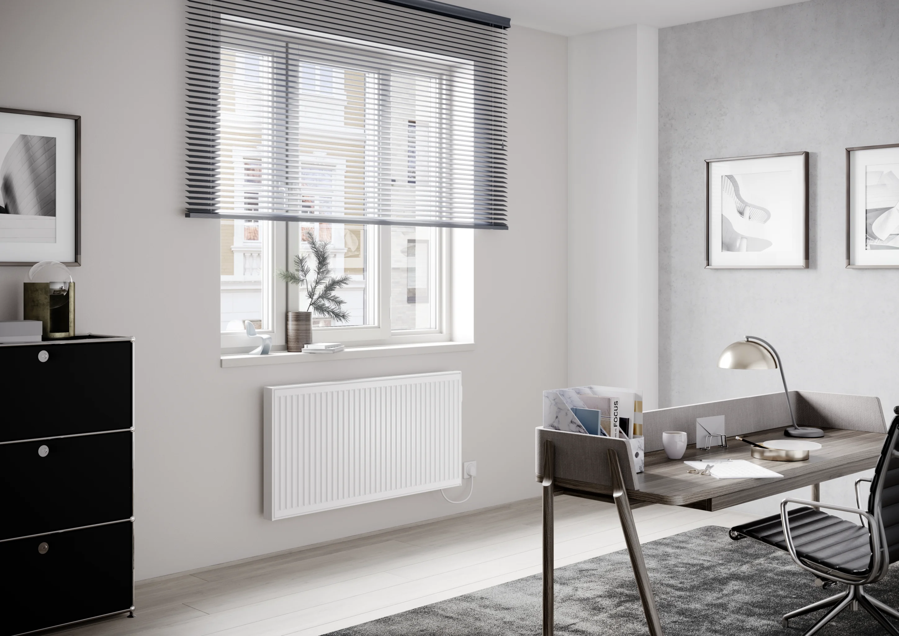 Flachheizkörper E-Panel Profil horizontal Typ 21, HxLxT: 600x1000x73 mm, Farbe: Weiß RAL 9016 seidenglanz, Ausführung: links, Reglertyp: programmierbarer Regler Elektroset: 1250 Watt, Schutzkl.: 2, Stecker: EU, Winkelkonsole lang