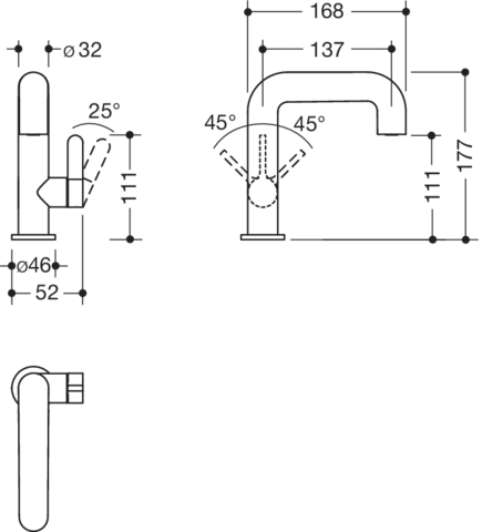 HEWI Einhebel-Waschtischmischer AQ111, PVD beschichtet in Messing glänzend (CK), Höhe 177 mm, Ausladung 137 mm, Durchfluss 5 l/min, Keramikkartusche K-35OP, druckfest bis 35 bar