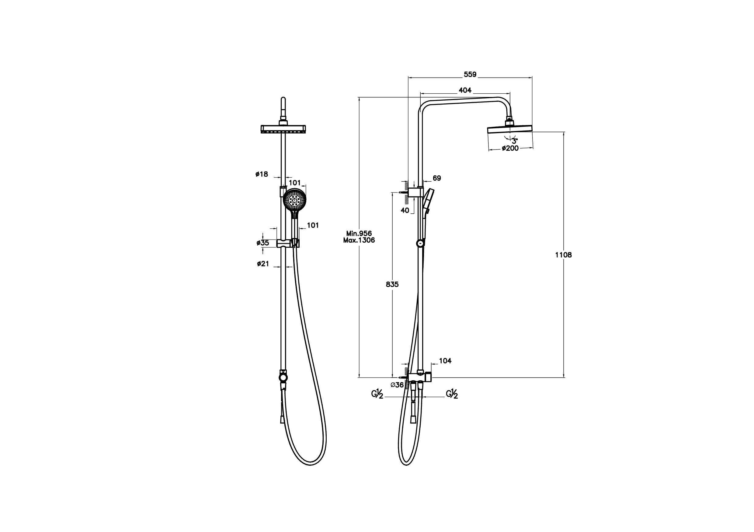 Base Square Duschsystem mit Kopf- und Handbrause Wandmontage Chrom