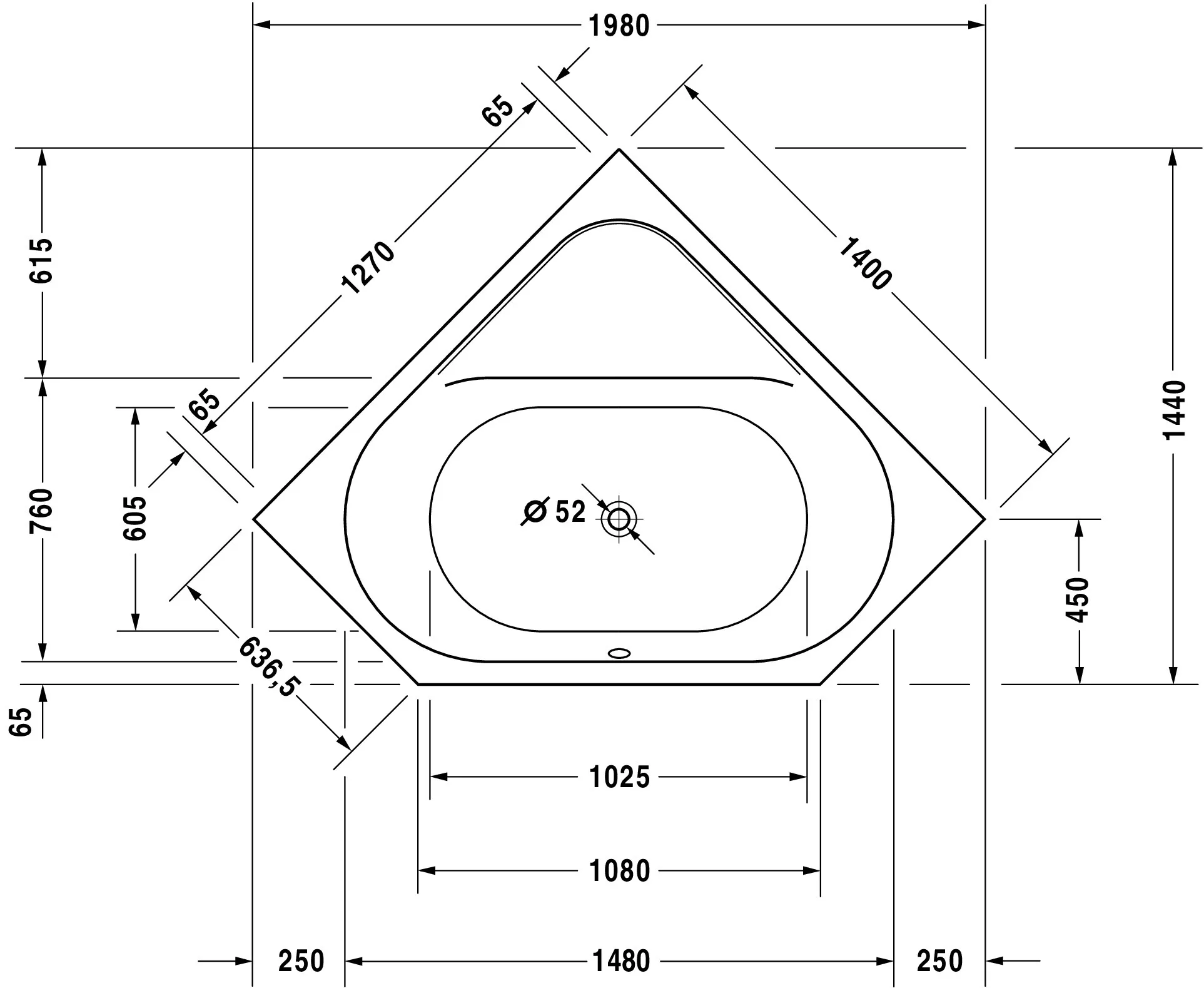 Duravit Badewanne „D-Code“ eck 1400 × 1400 mm, Mittelablauf in Weiß Duravit Badewanne „D-Code“ eck 1400 × 1400 mm, Mittelablauf in Weiß