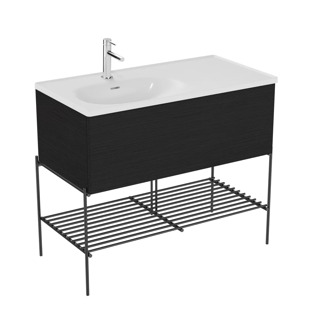 Equal Set Möbelwaschtisch asymmetrisch 100 cm Waschtischunterschrank mit Auszug und Fußgestell mit Ablagegitter Weiß Hochglanz/Schwarz-Eiche Equal Set Möbelwaschtisch asymmetrisch 100 cm Waschtischunterschrank mit Auszug und Fußgestell mit Ablagegitter Weiß Hochglanz/Schwarz-Eiche