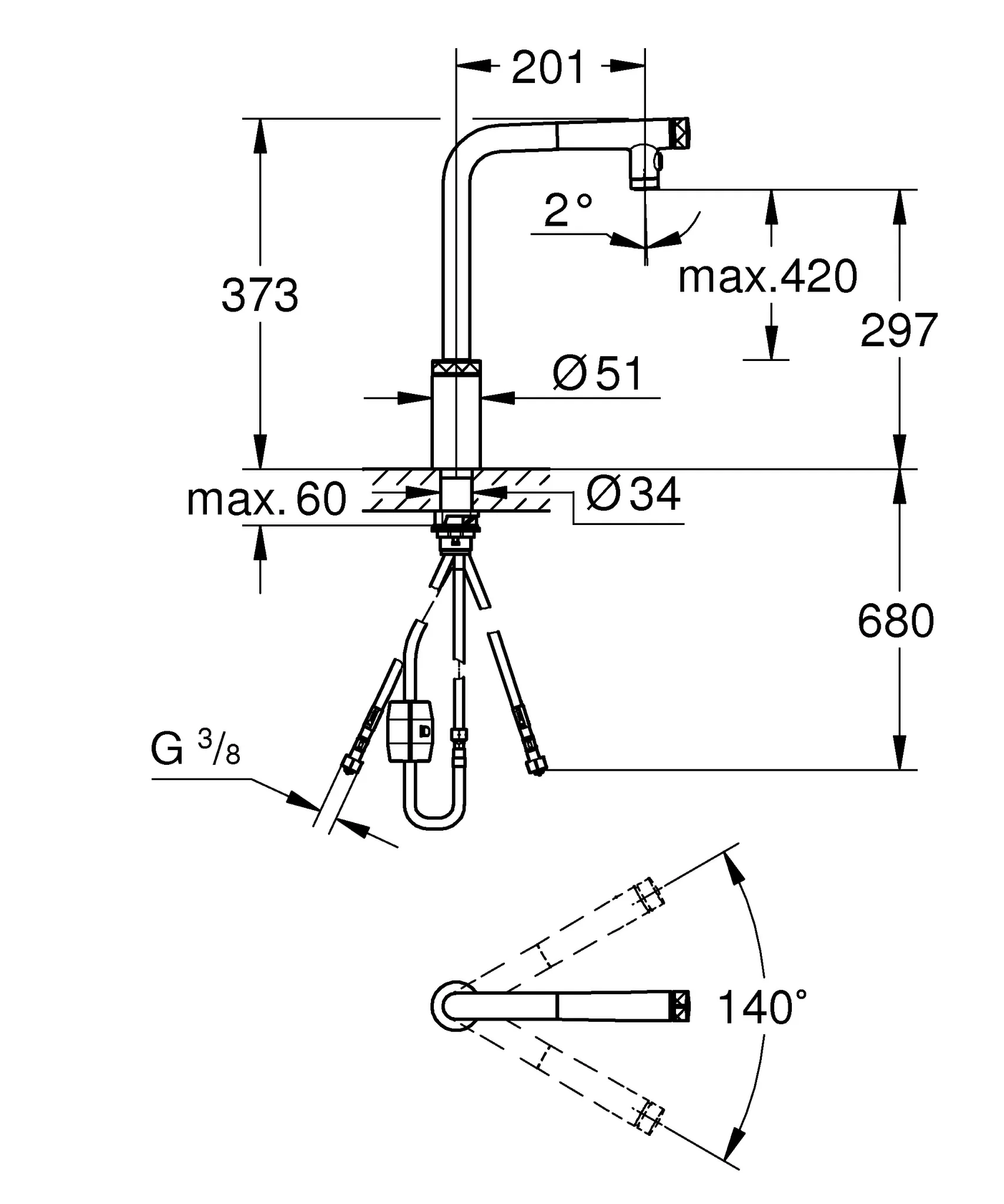 Spültischbatterie Minta SmartControl 31889, Einlochmontage, ausziehbarer Auslauf mit Laminarstrahl, schwenkbarer Rohrauslauf