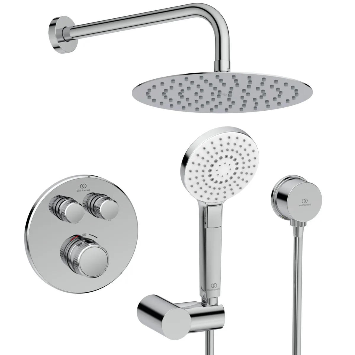 Armaturen-Paket Ceratherm Navigo Chrom, Brausethermostat Unterputz Bausatz 2 für Fertigmontage, Wandanschlussbogen Unterputz, Handbrause-Set, Kopfbrause, Wandanschluss Armaturen-Paket Ceratherm Navigo Chrom, Brausethermostat Unterputz Bausatz 2 für Fertigmontage, Wandanschlussbogen Unterputz, Handbrause-Set, Kopfbrause, Wandanschluss