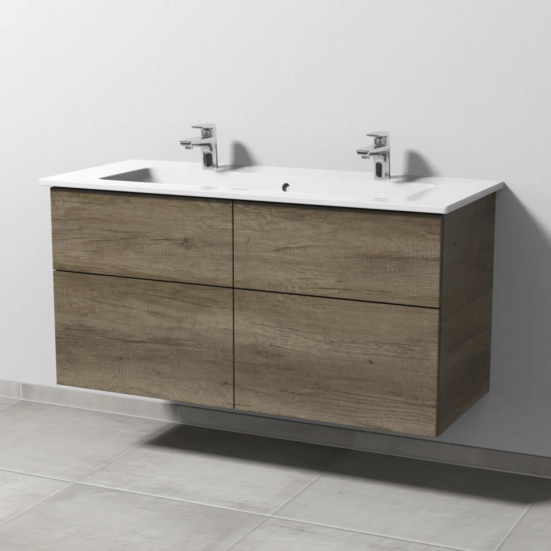 Keramik-Waschtisch-Set mit Waschtischunterschrank „3way“ 115,5 × 47,7 × 59,1 cm in Eiche Nebraska, mit Hahnlochbohrung, Becken mittig