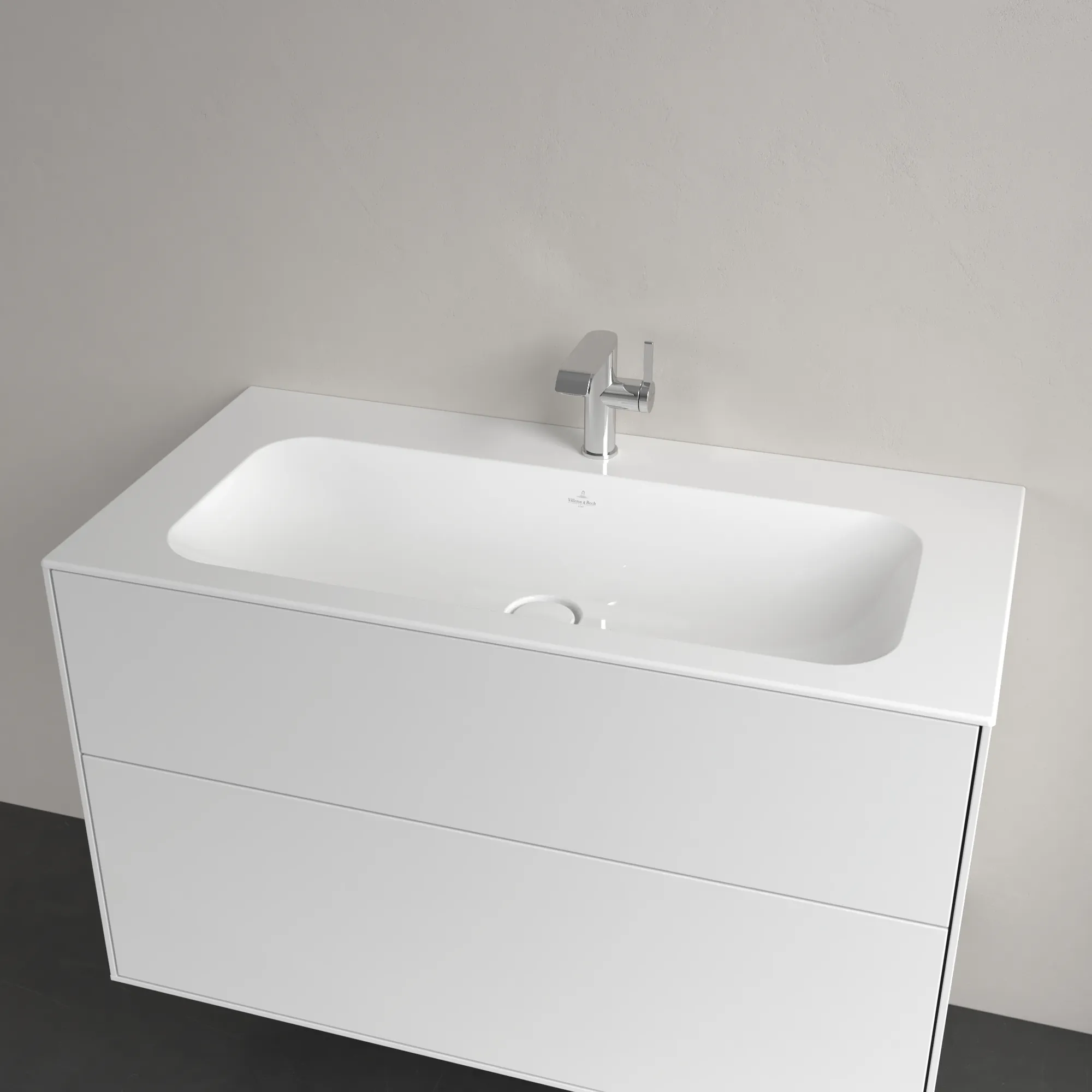 Villeroy & Boch Schrankwaschtisch aus TitanCeram „Finion“ 1000 × 500 × 160 mm, mit Hahnlochbohrung, Hahnlochposition mittig in Weiß Alpin, mit CeramicPlus Villeroy & Boch Schrankwaschtisch aus TitanCeram „Finion“ 1000 × 500 × 160 mm, mit Hahnlochbohrung, Hahnlochposition mittig in Weiß Alpin, mit CeramicPlus