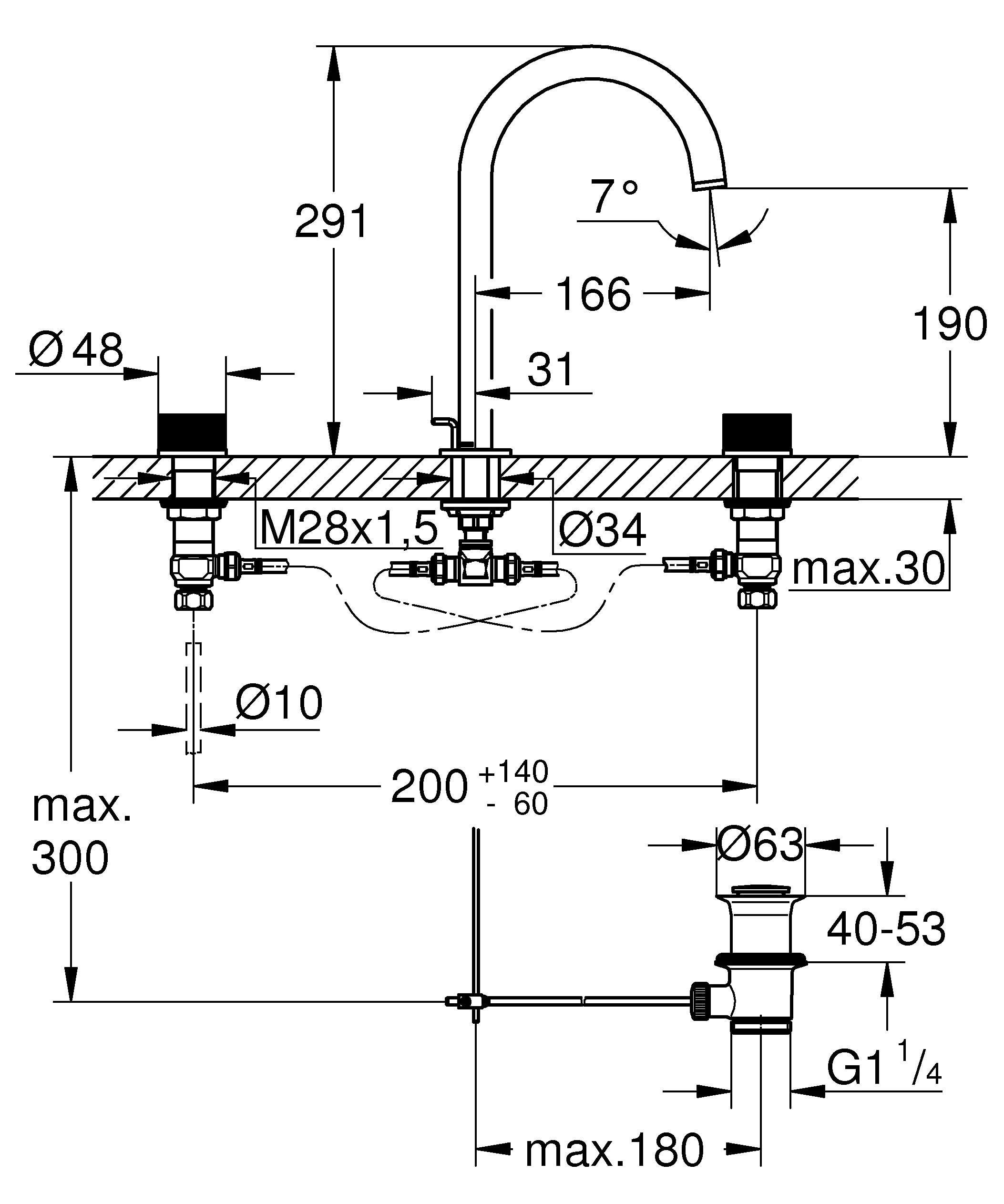 3-Loch-Waschtischbatterie Atrio Private Collection 20595, Knopfbetätigung mit Metalleinlagen, Zugstangen-Ablaufgarnitur, chrom