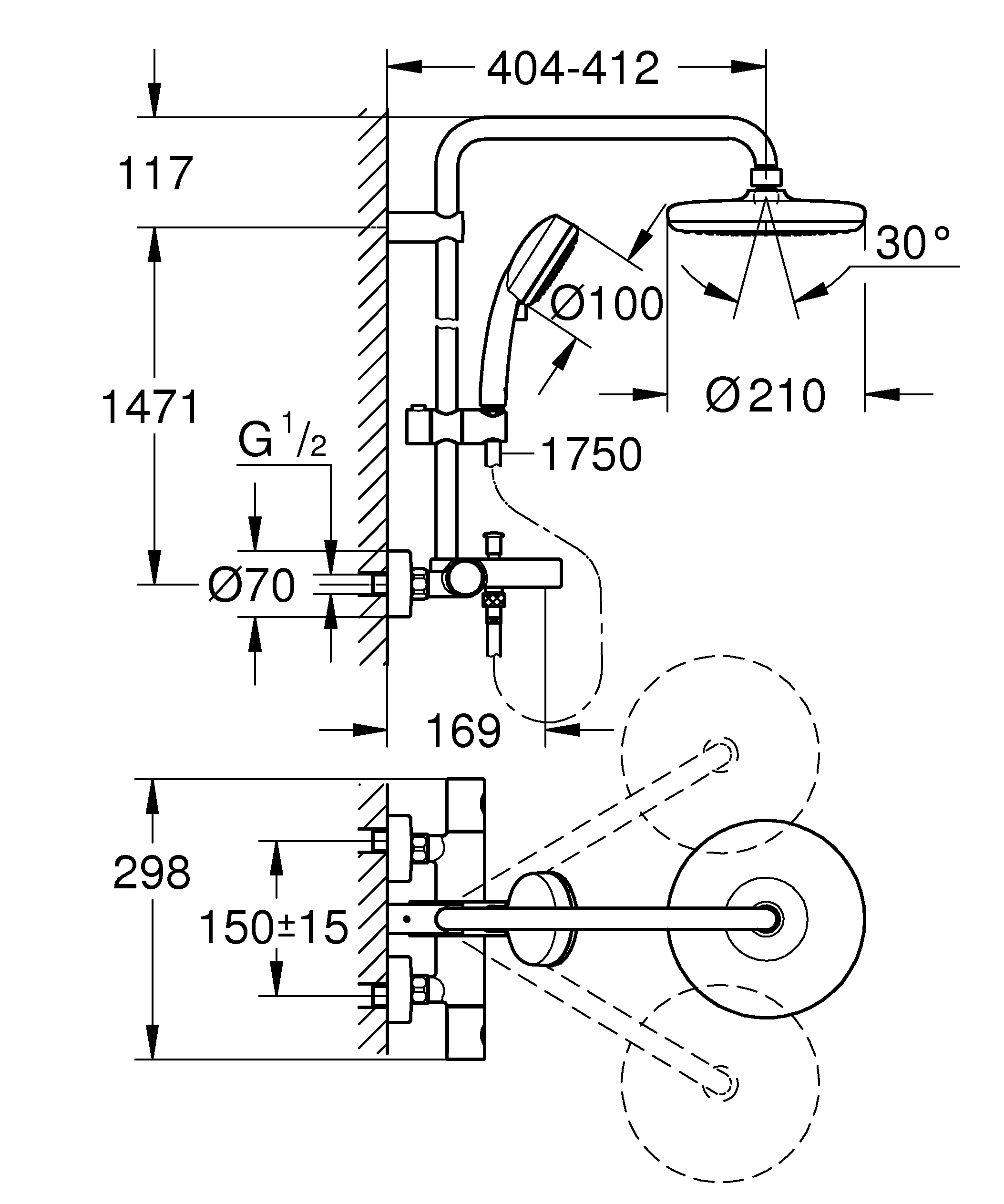 Duschsystem Tempesta Cosmopolitan System 210 26223_1, mit Thermostat-Wannenbatterie, Aufputz-Wandmontage, chrom