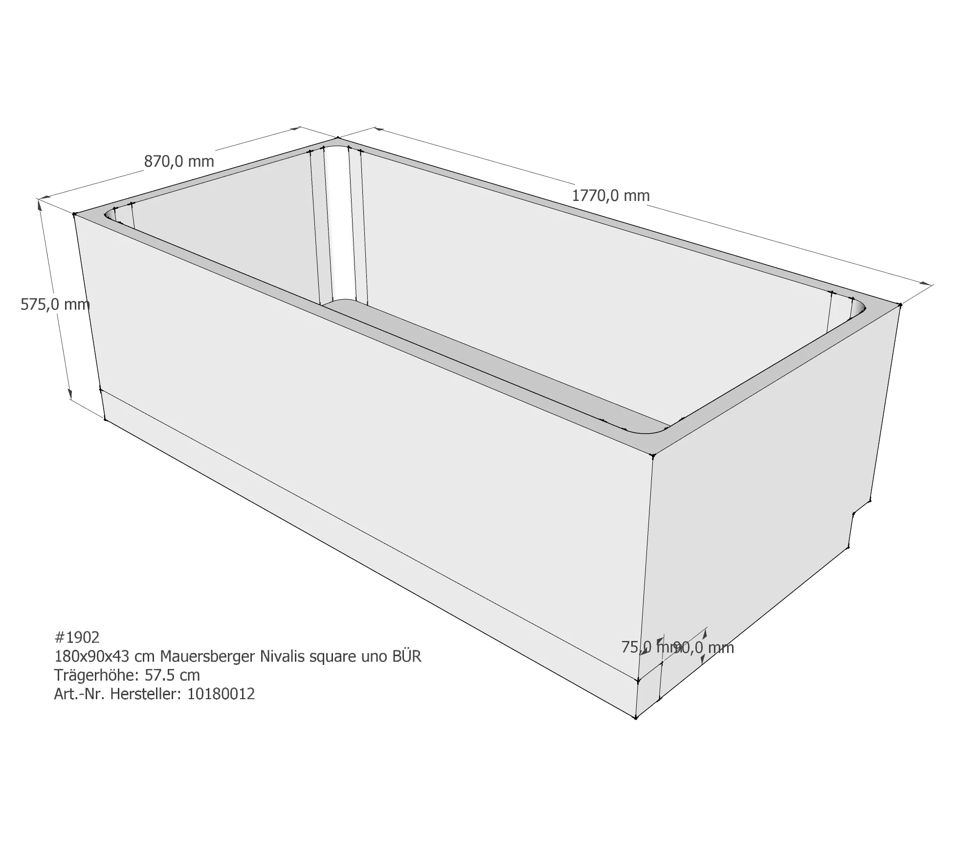 Badewannenträger für Mauersberger Nivalis square uno 180 × 90 × 43 cm