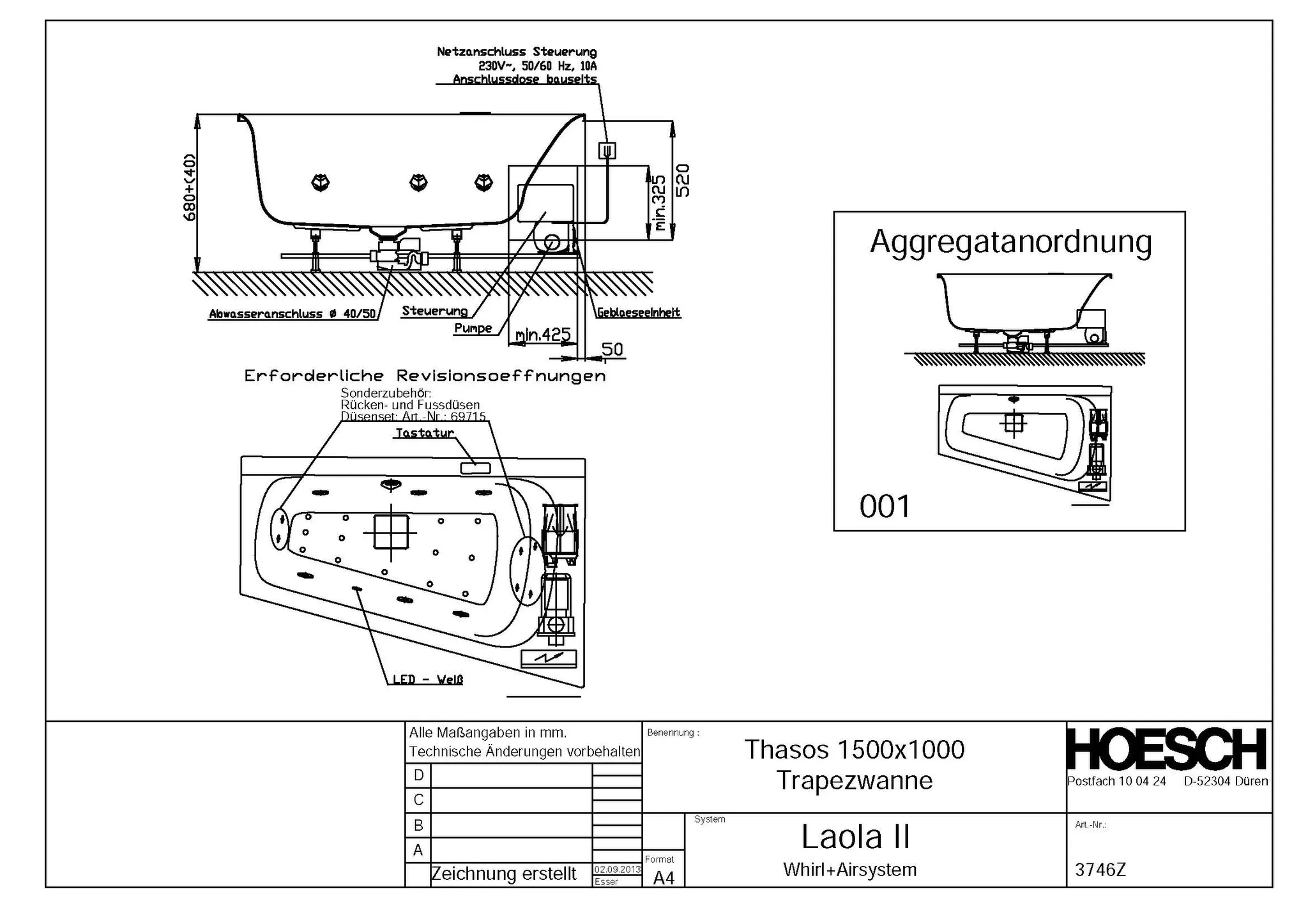 Hoesch Whirlwanne „Thasos“ mit Whirlsystem „Laola II“ trapez 150 × 100 cm