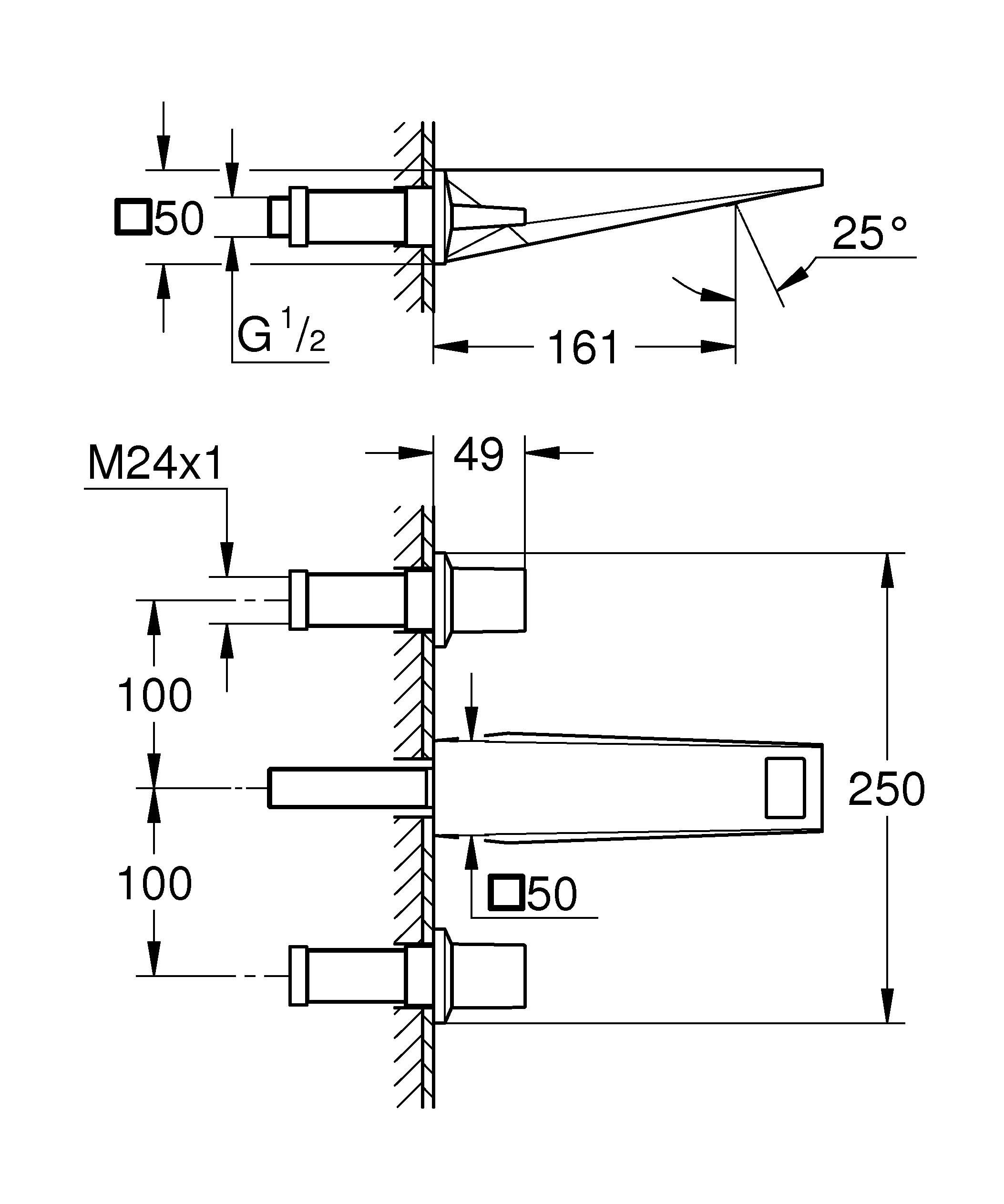 3-Loch-Waschtischbatterie Allure Brilliant 20628, Wandmontage, Fertigmontageset für 29 025 002, Ausladung 161 mm, chrom