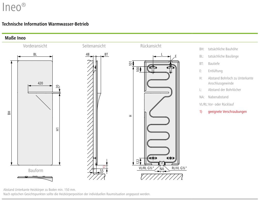 Kermi Design-Heizkörper „Ineo®“ 60 × 140 cm, links in Onyx