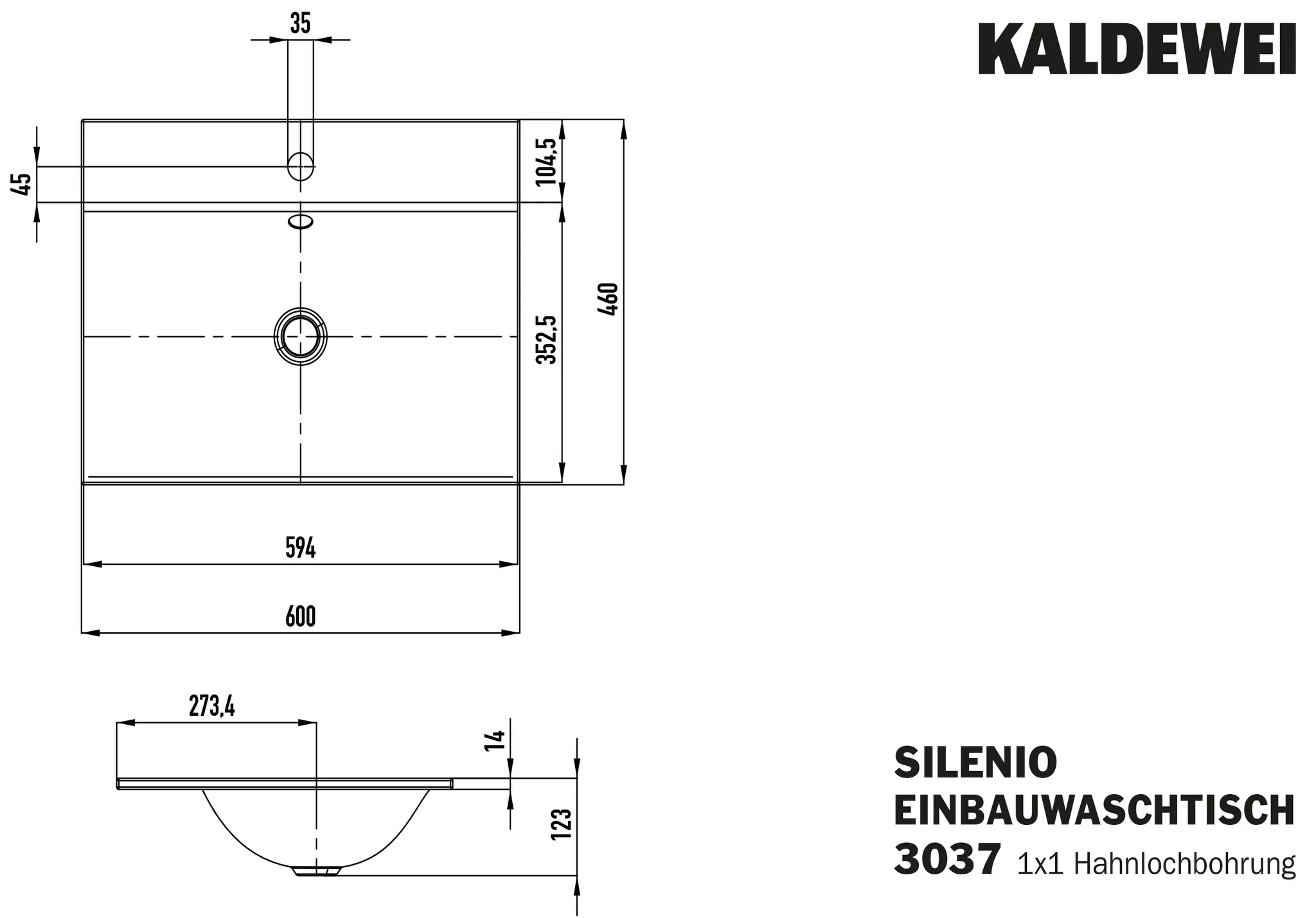 Kaldewei SILENIO Einbauwaschtisch, 600x460 mm, warm grey 60, Perl-Effekt, Antidröhn, 1er Hahnlochbohrung, mit Überlauf, chrom