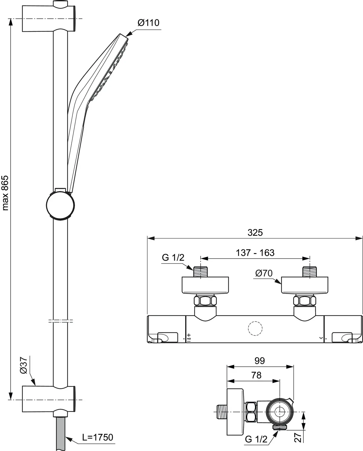 Brausethermostat Aufputz Ceratherm T50, Ausladung 78mm, mit Brausegarnitur, Brausestange 900mm, Chrom Brausethermostat Aufputz Ceratherm T50, Ausladung 78mm, mit Brausegarnitur, Brausestange 900mm, Chrom
