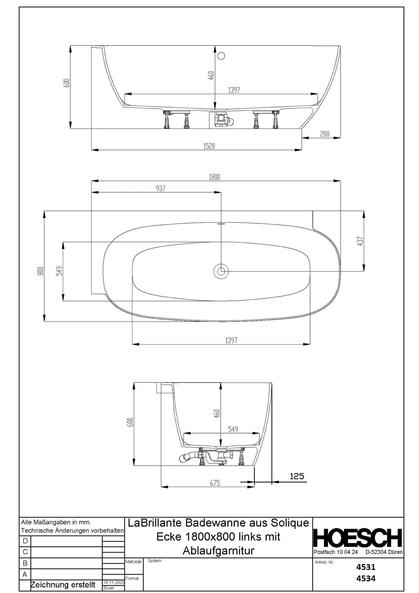 Hoesch Badewanne „LaBrillante“ vorwand rechteck 180 × 80 cm, links in Weiß-Grau