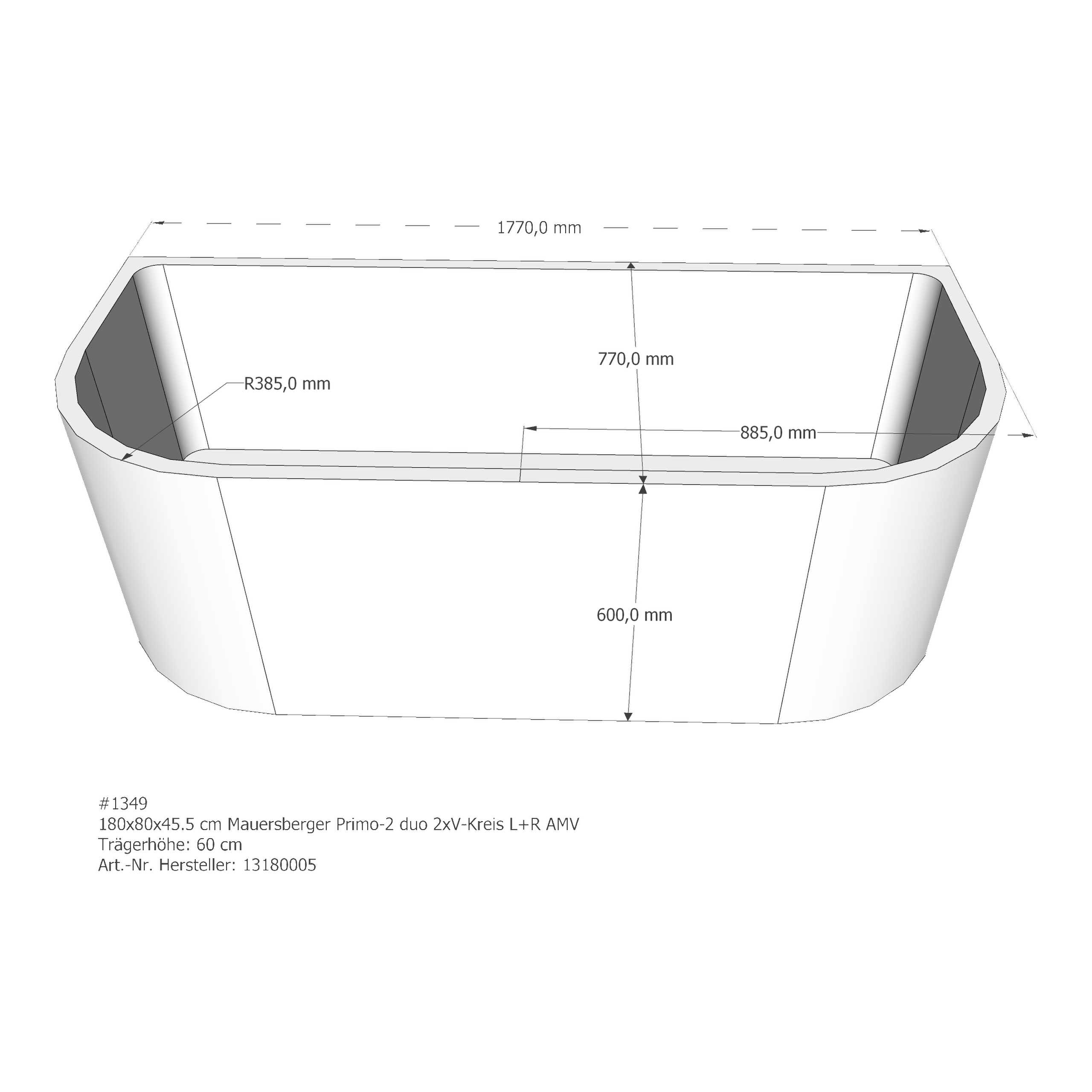 Badewannenträger für Mauersberger Primo 2 links+rechts duo links 180 × 80 × 45,5 cm