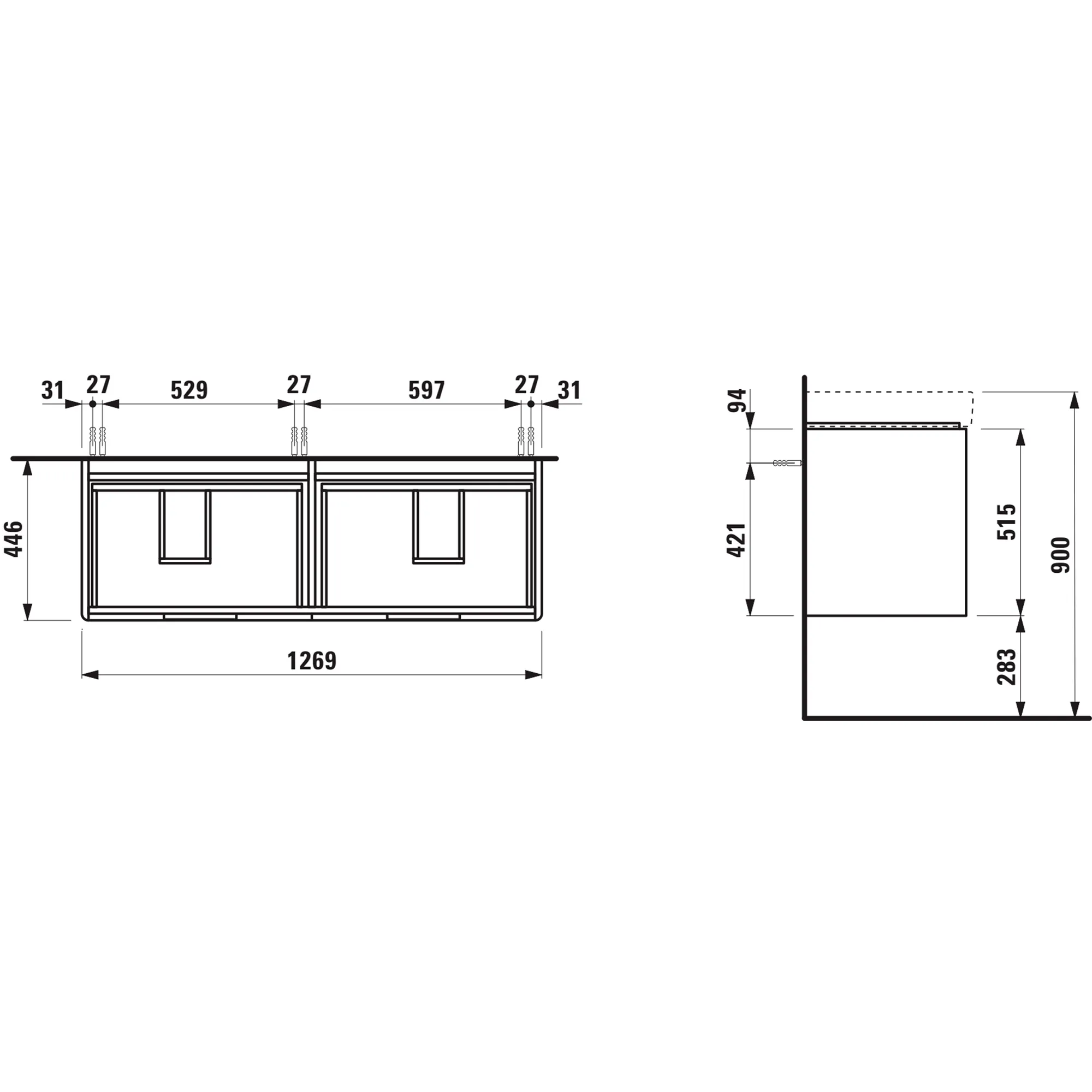 Waschtischunterbau JUNA für PRO S 446x1269x515 4 Schubladen mit Griffmulde für Waschtisch H814968 weiß matt
