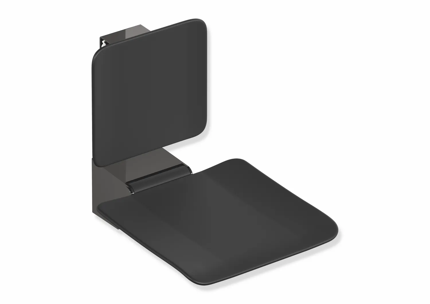 HEWI Klappsitz des Systems 900, Wandkonsole aus Edelstahl, PVD, Sitzfläche und Rückenlehne aus strukturiertem Kunststoff, schwarz HEWI Klappsitz des Systems 900, Wandkonsole aus Edelstahl, PVD, Sitzfläche und Rückenlehne aus strukturiertem Kunststoff, schwarz