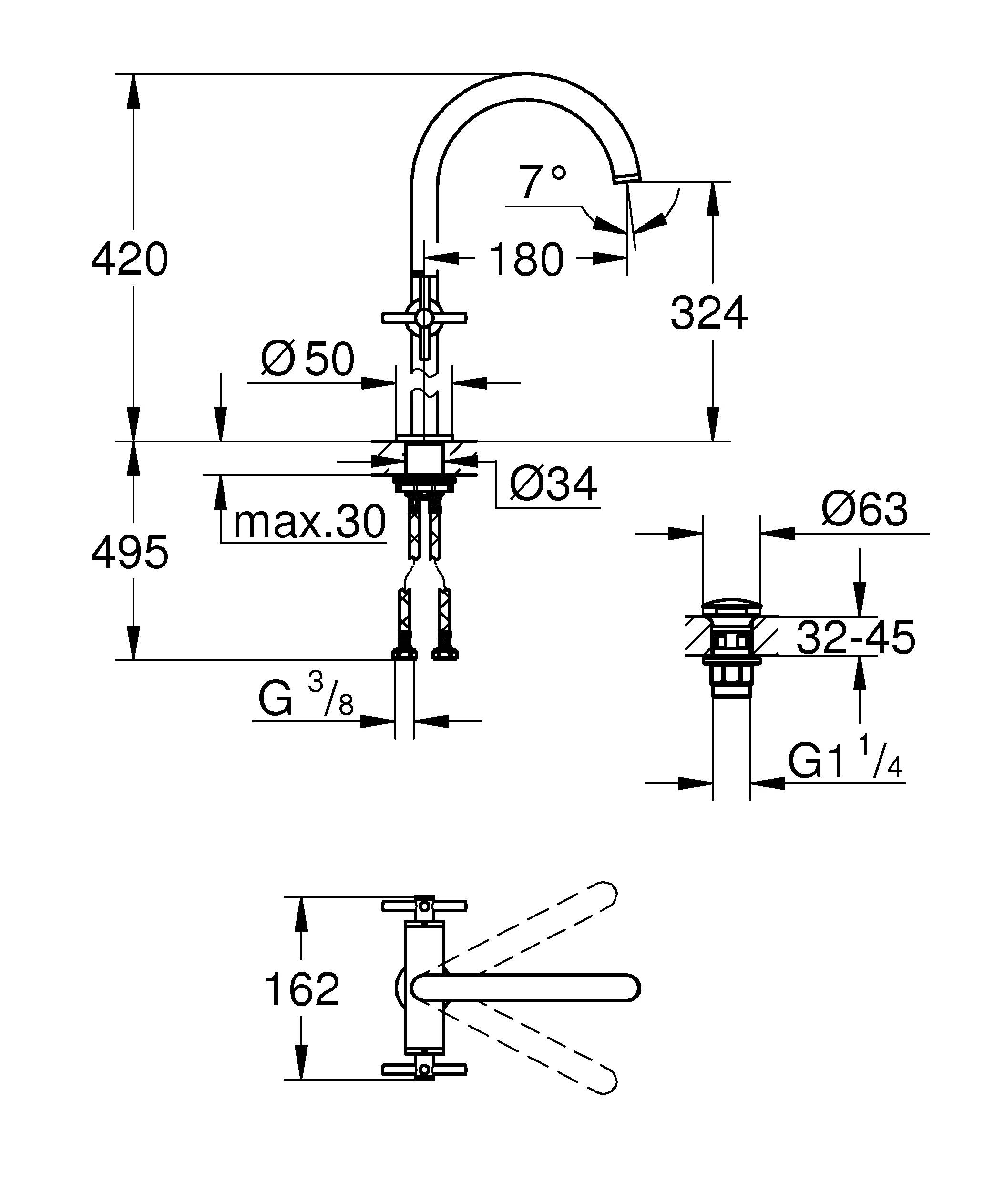 Waschtisch-Einlochbatterie Atrio 21149, XL-Size, für freistehende Waschschüsseln, Push-open Ablaufgarnitur 1 1/4'', mit Kreuzgriffen, chrom