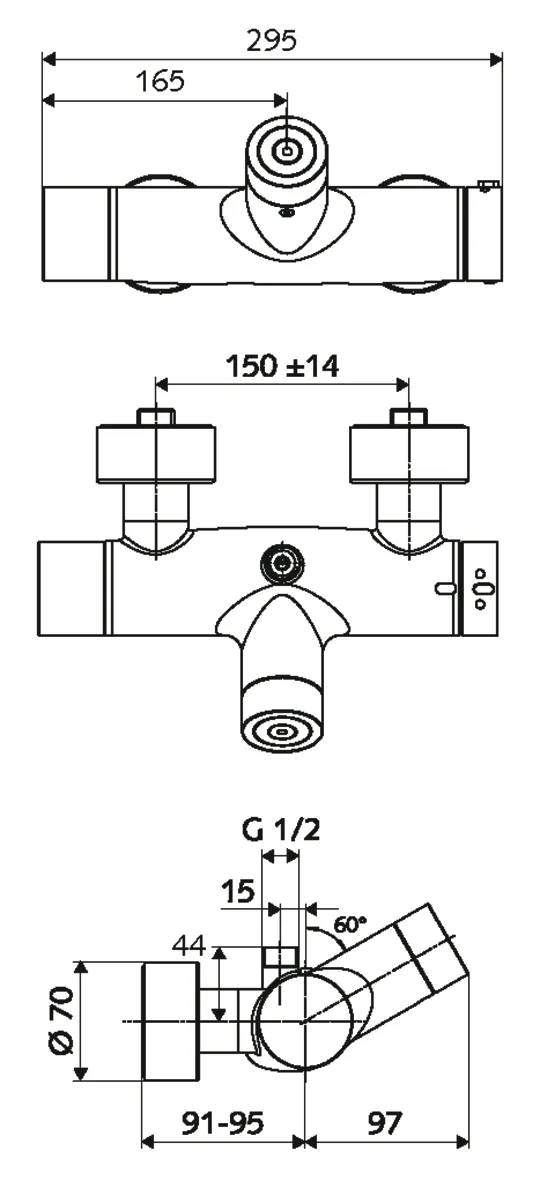 Aufputz-Duscharmatur VITUS VD-C-T / o, Mischwasser, Thermostat, Elektronisch, Selbstschluss, 2 RFV, Batteriefach, 2x DN 15 G 1/2 AG, DN 15 G 1/2 AG (oben), SWS Bus-Extender VITUS BE-FV, chrom