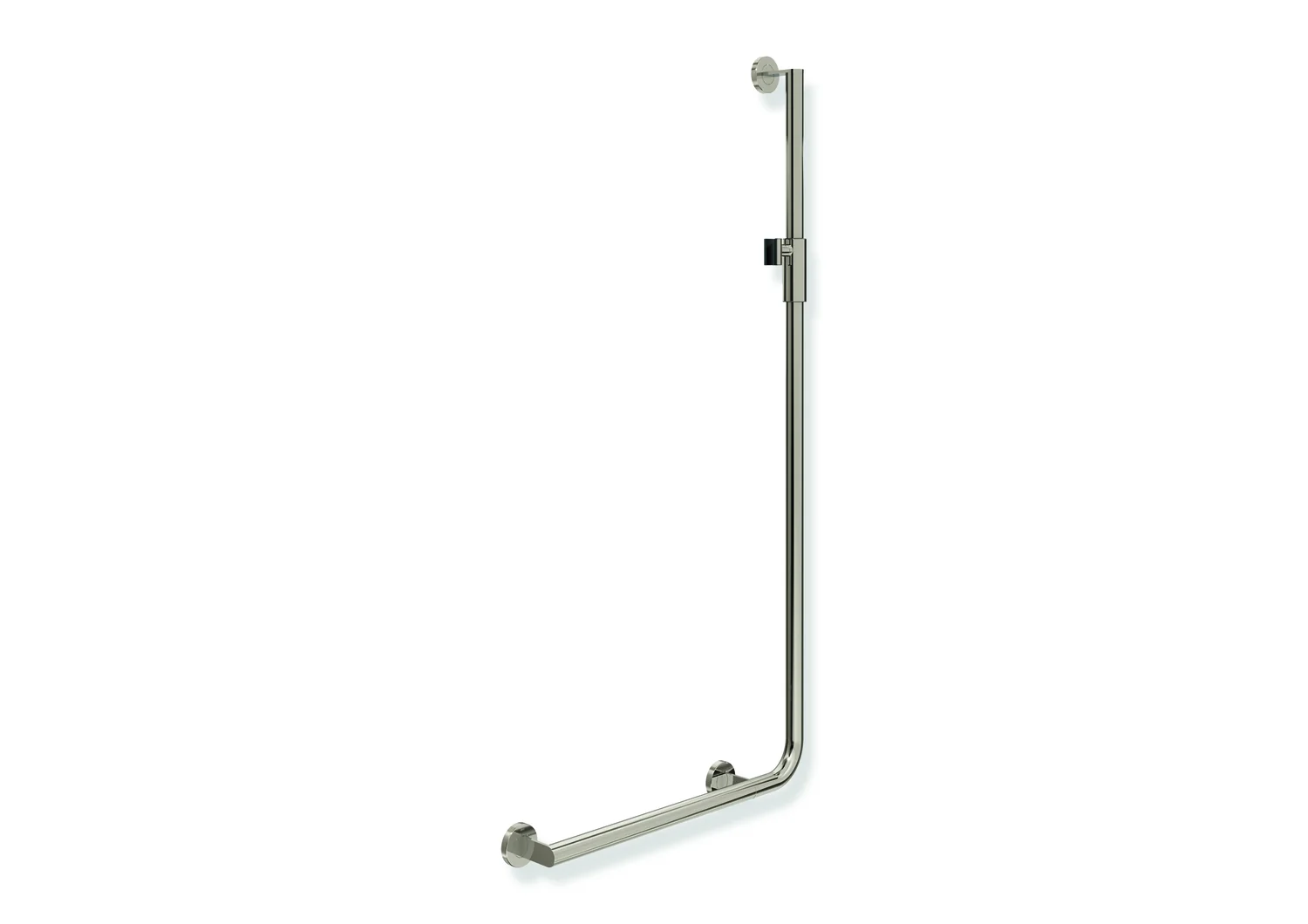 HEWI Winkelgriff mit Brausehalter, System 900, Edelstahl PVD, links, 32 mm Durchmesser, waagerecht 600 mm, senkrecht 1250 mm, Farbe Nickel glänzend