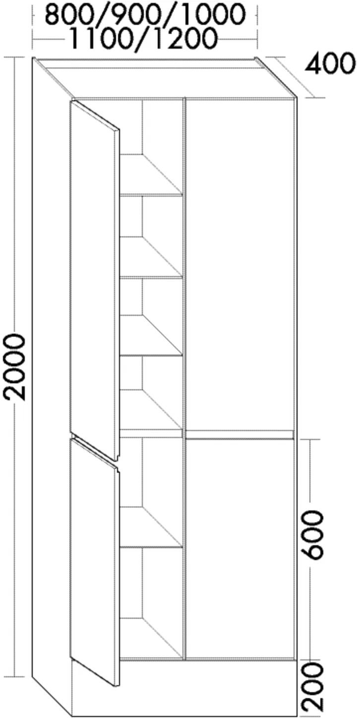 Hochschrank, 4 Türen;2 Korpuselemente;je Element: 4 Glaseinlegeböden, 1 fester Boden;1 Sockel, Tiefe: 400 mm, Breite: 1100 mm, Höhe: 2000 mm