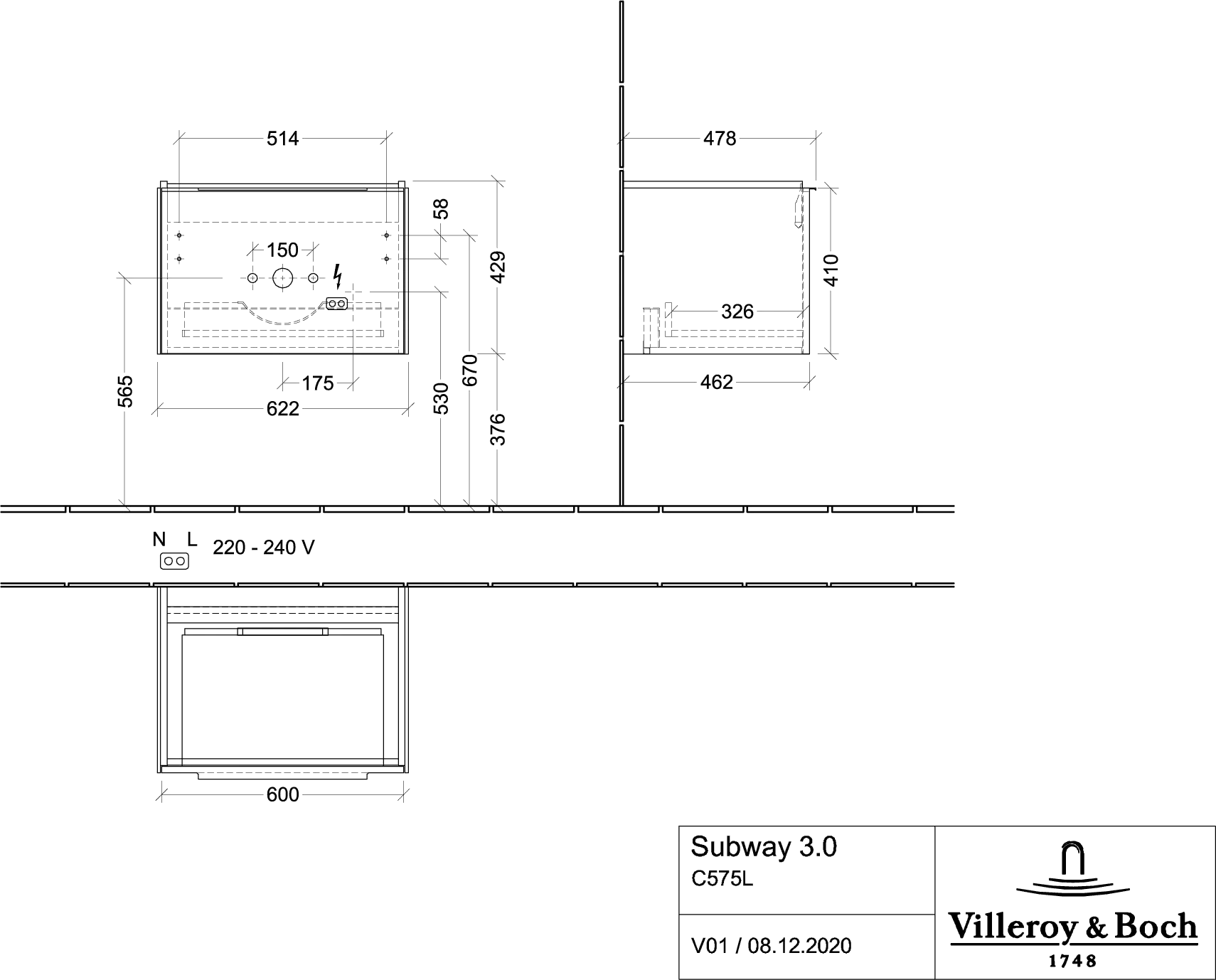 Villeroy & Boch Waschtischunterschrank „Subway 3.0“ für Schrankwaschtisch 622 × 429 × 478 mm Cashmere Grey, für Becken mittig Villeroy & Boch Waschtischunterschrank „Subway 3.0“ für Schrankwaschtisch 622 × 429 × 478 mm Cashmere Grey, für Becken mittig