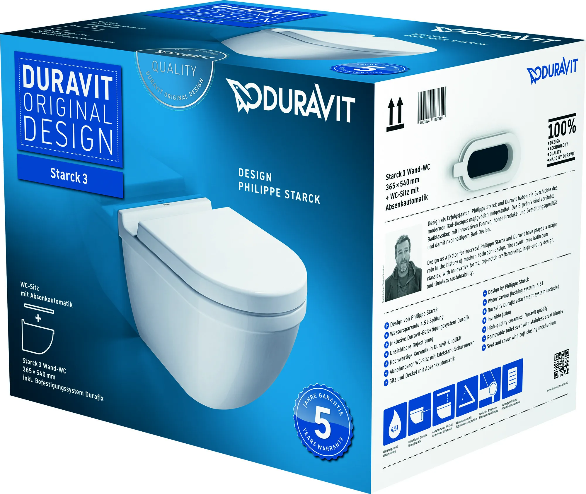 Duravit Wand-Tiefspül-WC inkl. WC-Sitz „Starck 3“ 37 × 54 × 42 cm, Befestigung sichtbar