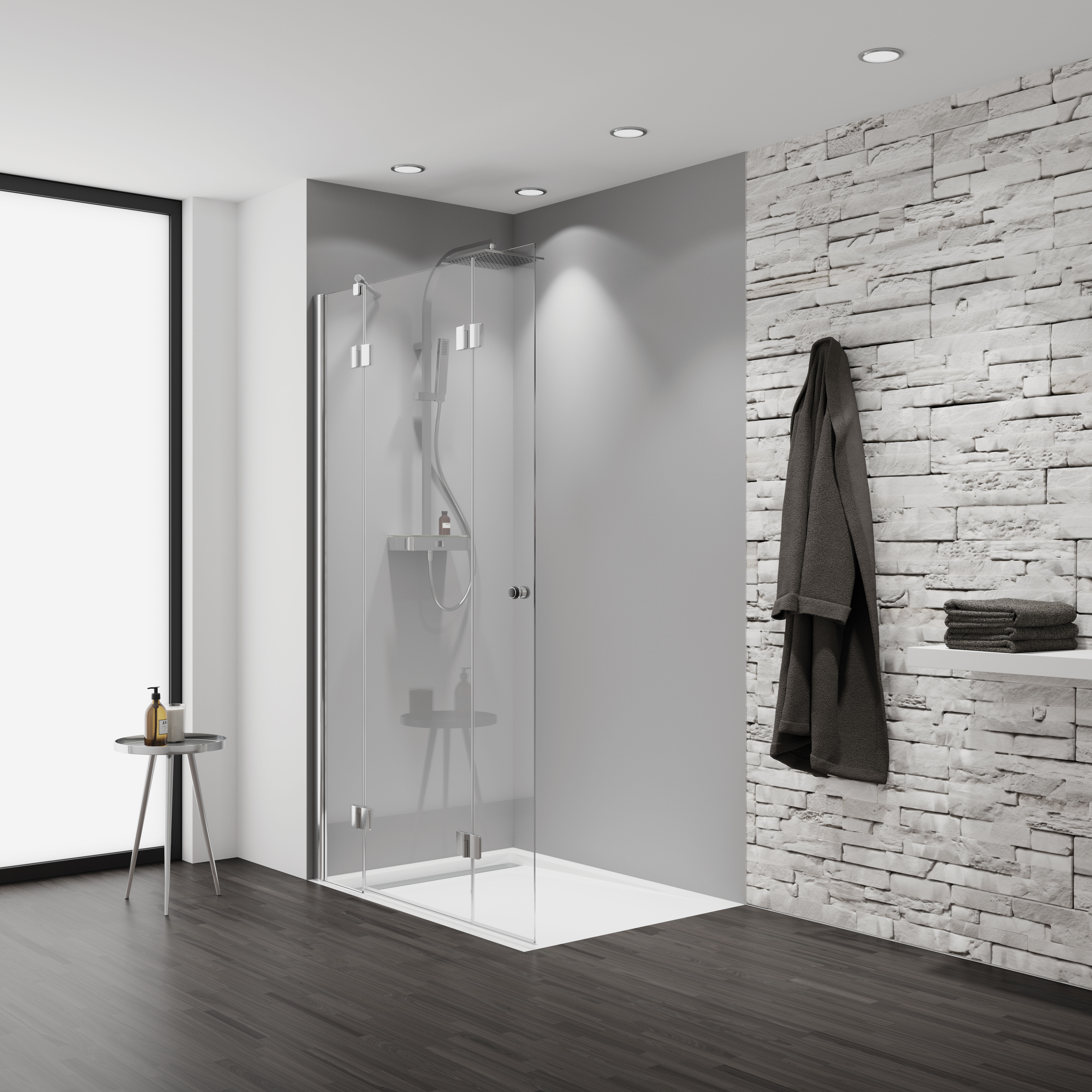 HSK teilgerahmt Walk-In-Duschkabine 3-teilig „Aperto“ Drehfalttür pendelbar, 3-teilig Glas Mattglas, Profile Chromoptik (Alu Hochglanz poliert), B: 1600 mm H: 2000 mm HSK teilgerahmt Walk-In-Duschkabine 3-teilig „Aperto“ Drehfalttür pendelbar, 3-teilig Glas Mattglas, Profile Chromoptik (Alu Hochglanz poliert), B: 1600 mm H: 2000 mm