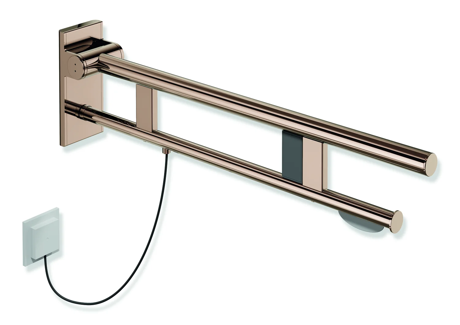 HEWI Stützklappgriff Duo System 900 Design A, Edelstahl PVD kupfer glänzend, Ausladung 750 mm, mit WC-Papierhalter und Spül-/Funktionstasten (E-