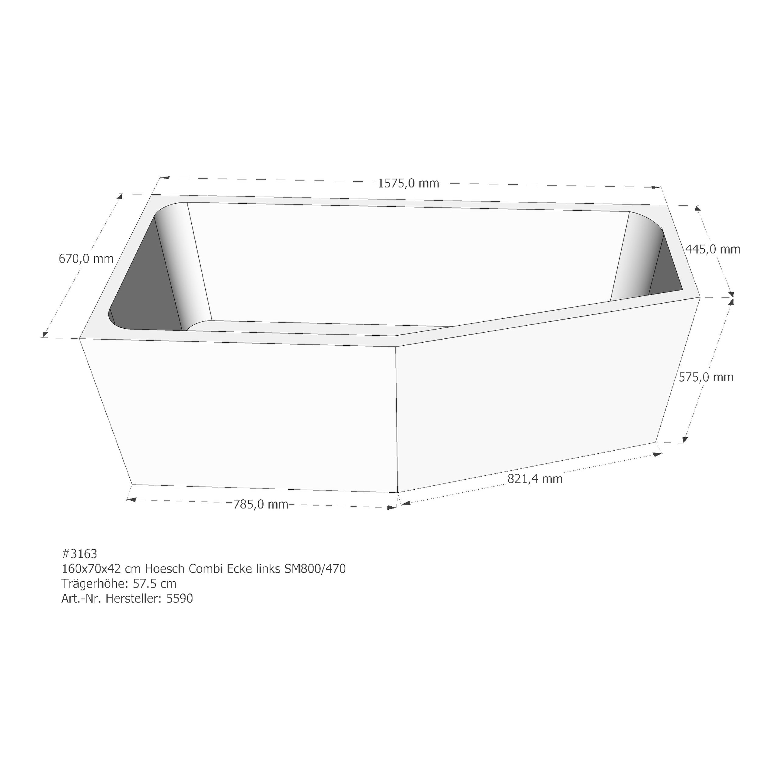 Badewannenträger für Hoesch Combi links 160 × 70 × 42 cm