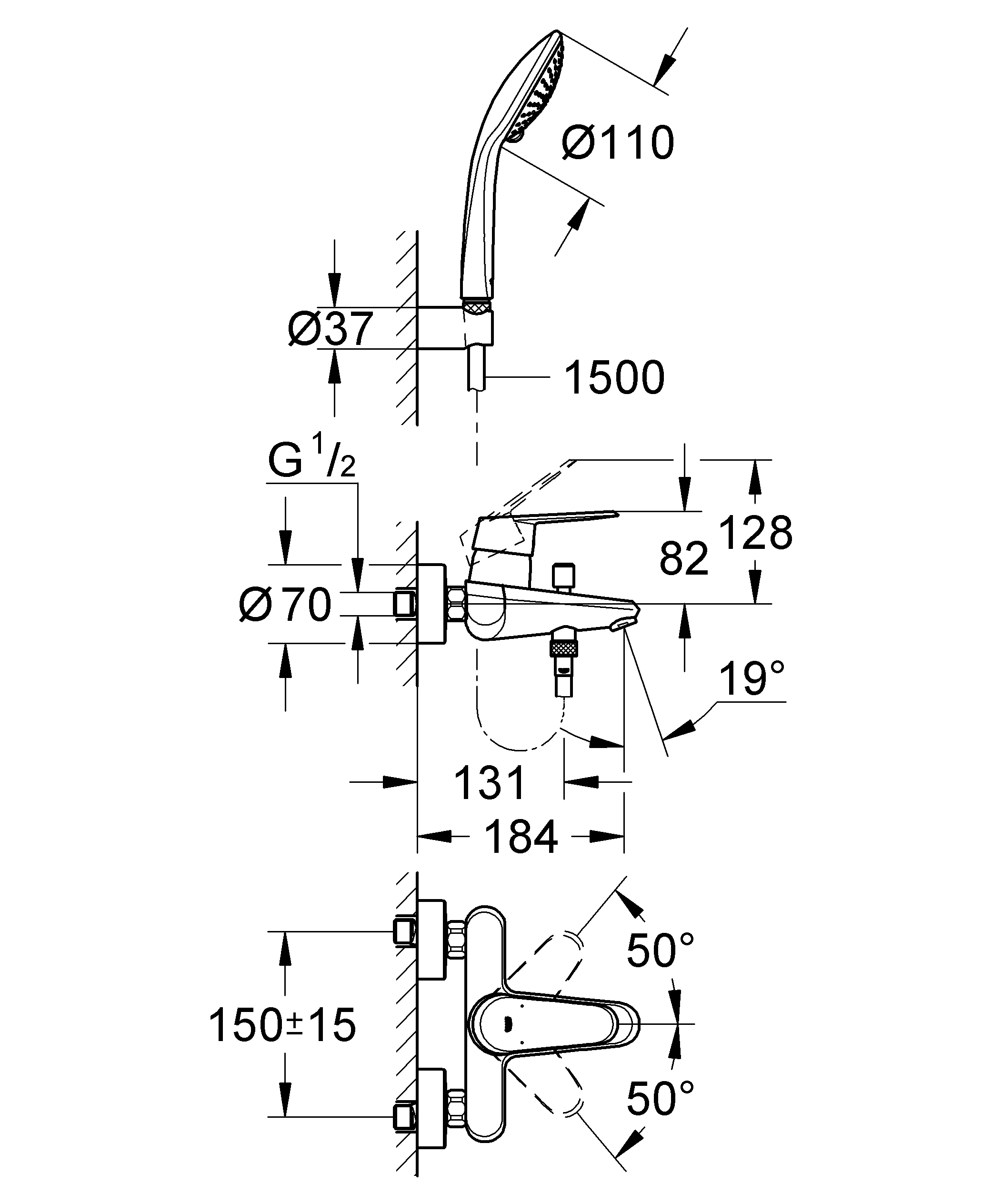 Einhand-Wannenbatterie Eurodisc Cosmopolitan 33395_2, Wandmontage, mit Brausegarnitur, chrom