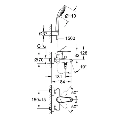 Einhand-Wannenbatterie Eurodisc Cosmopolitan 33395_2, Wandmontage, mit Brausegarnitur, chrom Einhand-Wannenbatterie Eurodisc Cosmopolitan 33395_2, Wandmontage, mit Brausegarnitur, chrom