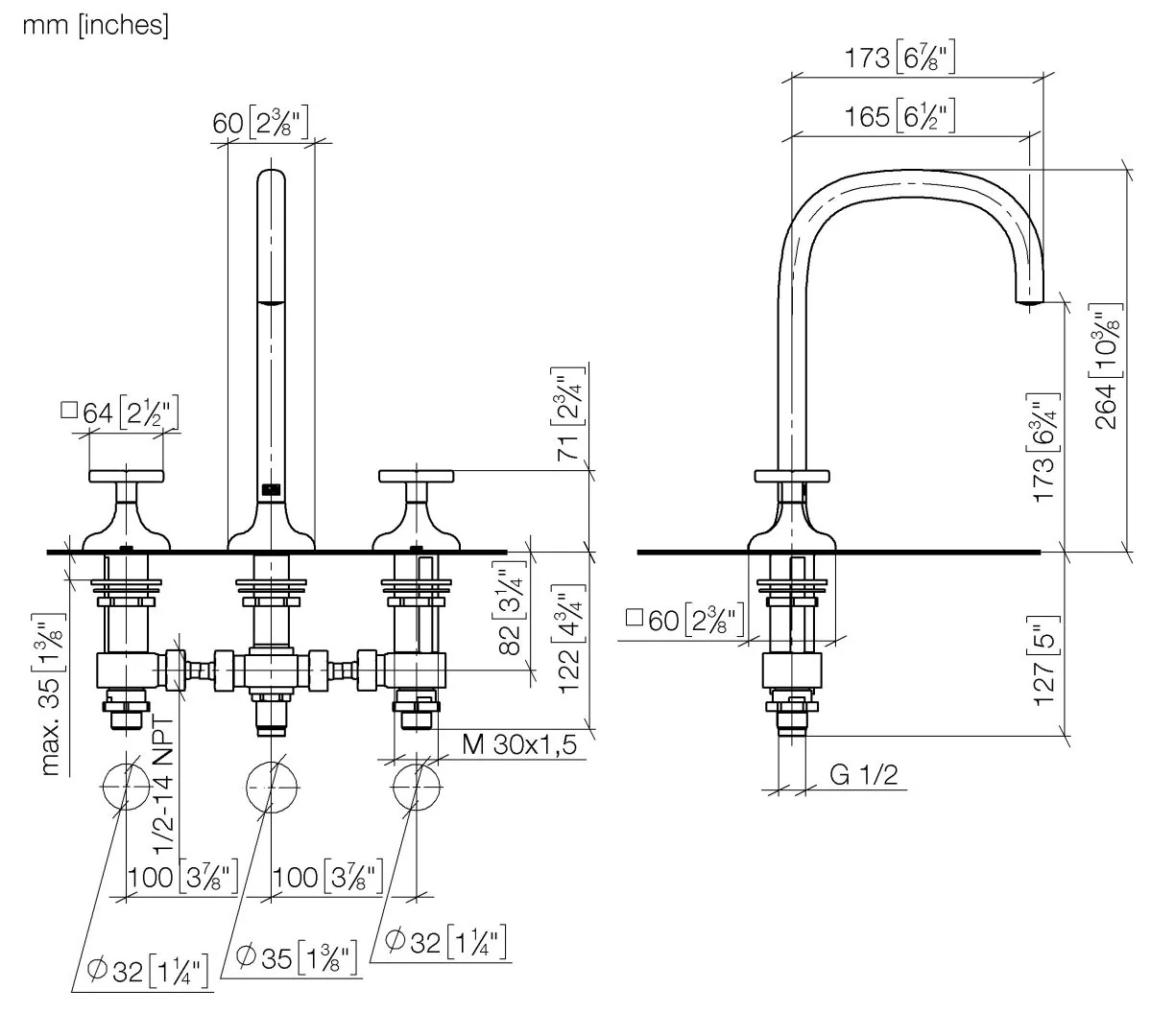 Dornbracht COYA Waschtisch-Dreilochbatterie Chrom, Ausladung 165 mm, Armaturenhöhe 264 mm, Bohrungsdurchmesser 32/35 mm, Rosette 60x60 mm