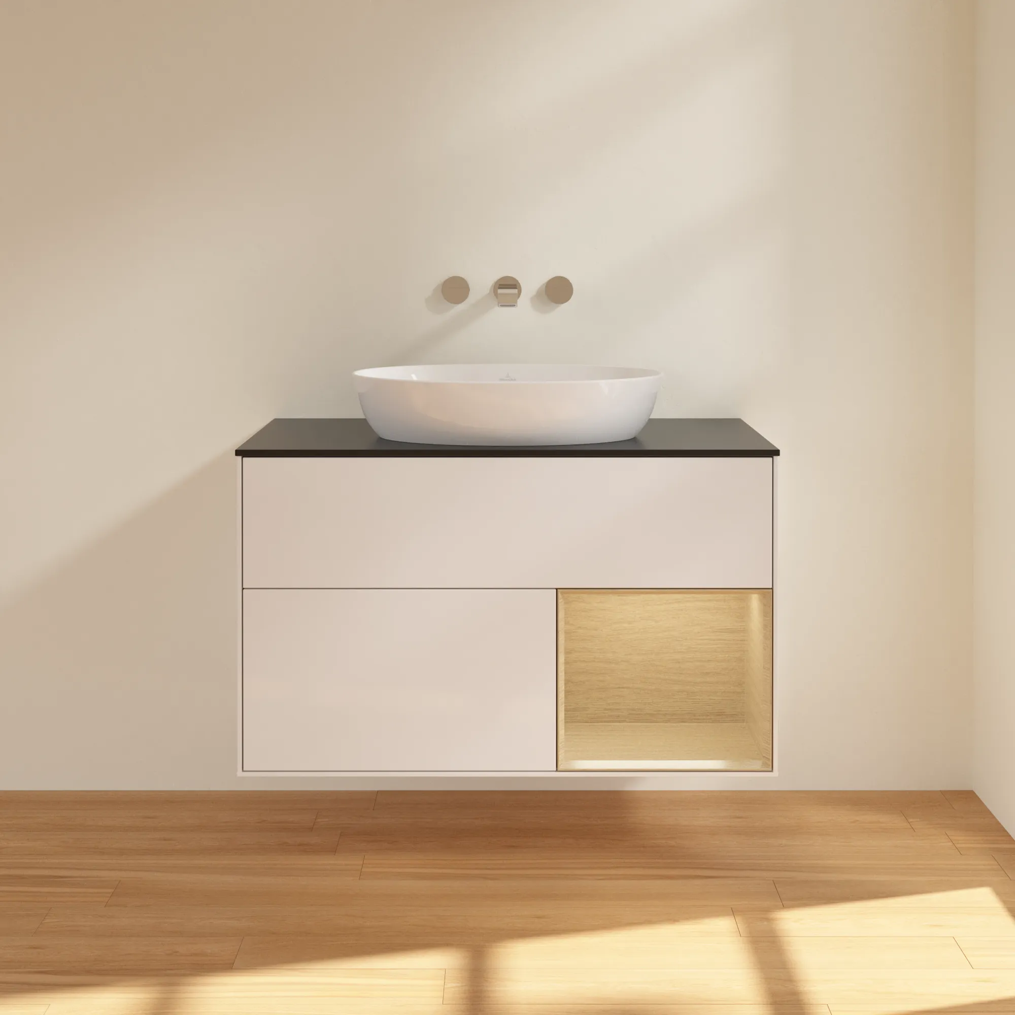 Villeroy & Boch Finion FA2 Waschbeckenunterschrank, 1000 x 603 x 501 mm, Glossy White Lacquer / Oak Veneer / Glass Black Matt