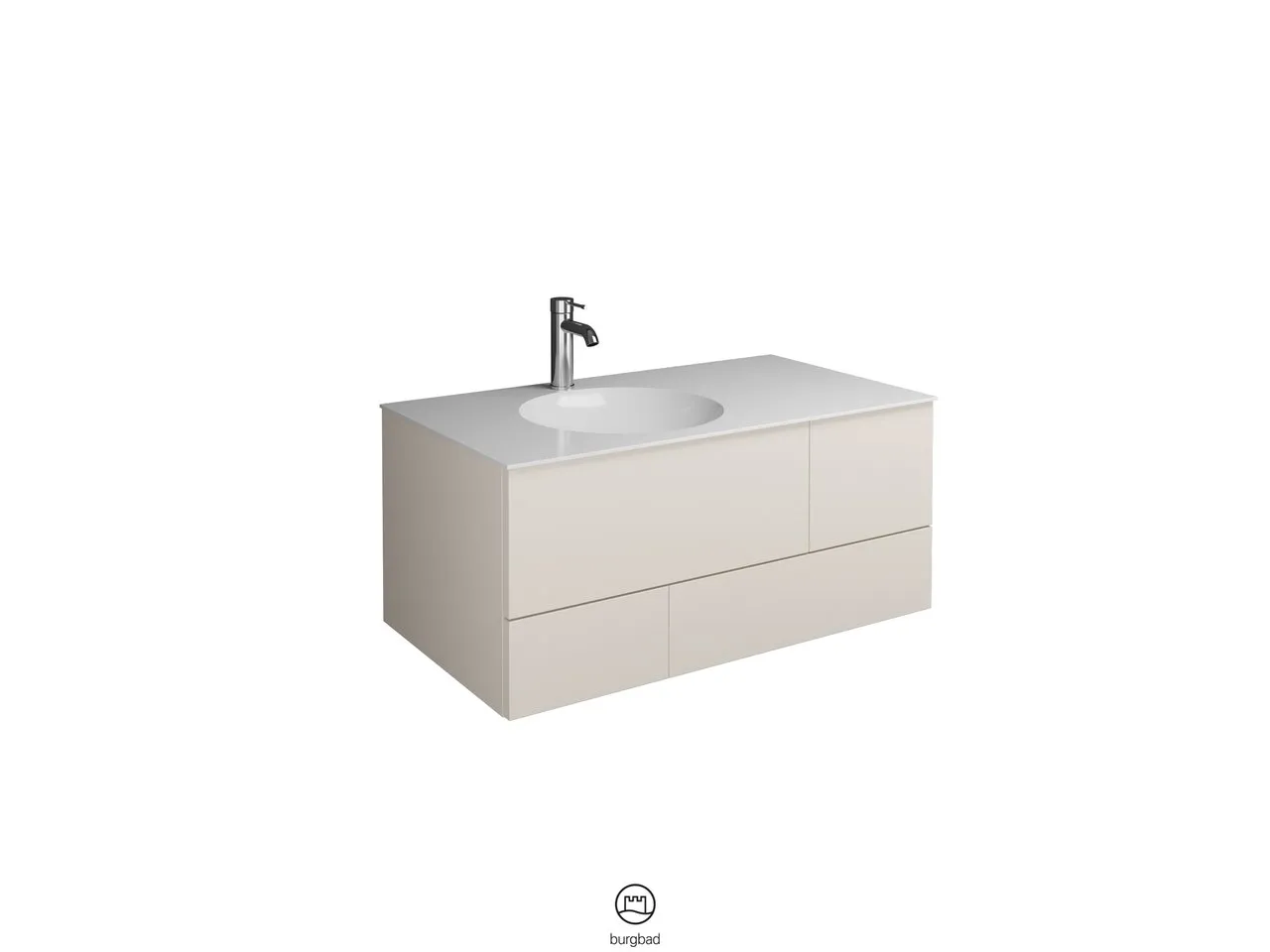 Coco Mineralguss-Waschtisch inkl. Waschtischunterschrank, 90 x 370 mm Muldentiefe, 1 Schublade oben mit Siphonausschnitt, 1 Schublade unten, 1 Metallbox, inkl. burgbad cleanFlow, H: 406 mm, B: 906 mm, T: 505 mm
