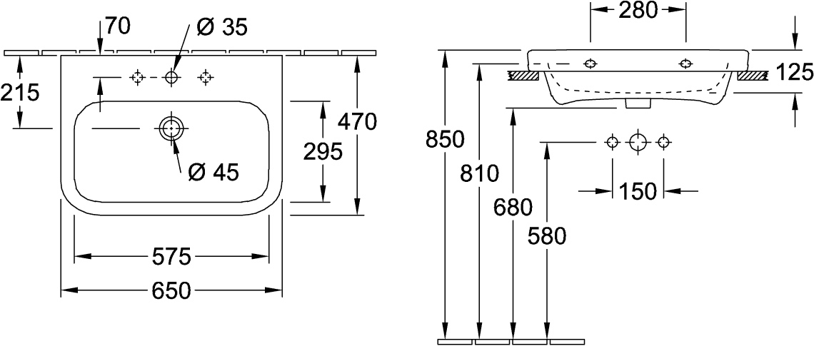 Waschbecken Architectura 4188KG, 650 x 470 mm, Rechteck, 1HL. mittleres Hahnloch durchgestochen, mit Überlauf, geschliffen, Weiß Alpin