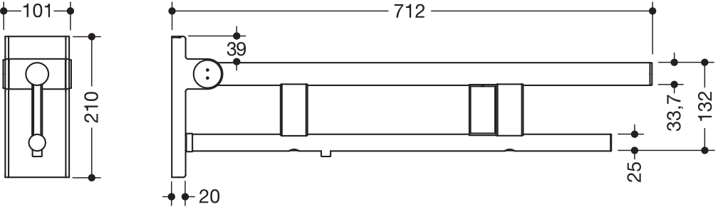 Stützklappgriff Duo, Design A des Systems 900, Edelstahl, PVD, Ausladung 700 mm, mit Spülauslösung (E-Ausführung), Ausführung rechts, in Farbe CK (messing glänzend)